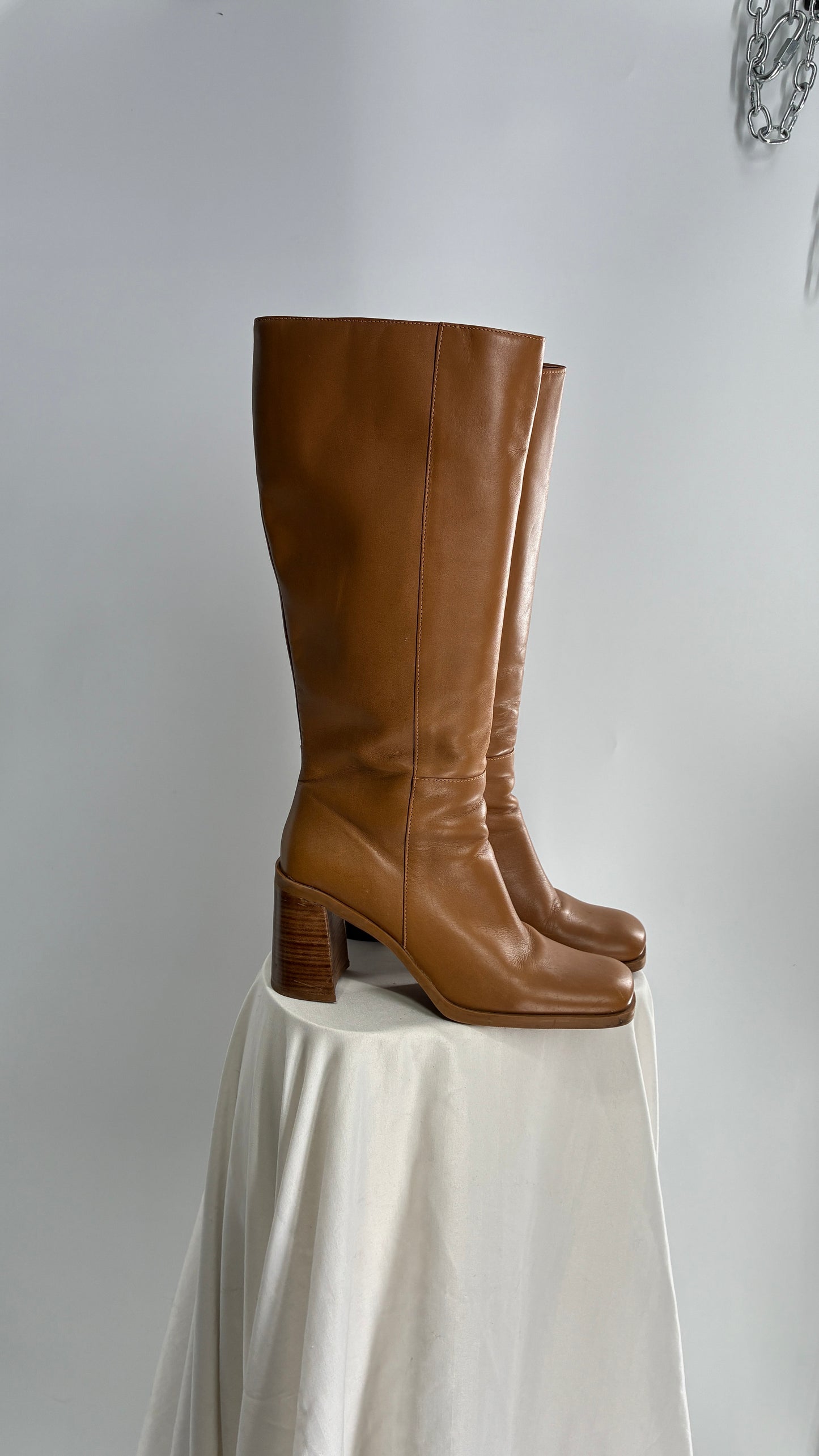 Vintage Strive Genuine Leather Square Toe Knee High Boots with Chunky Block Heel Made in Uruguay (9.5)