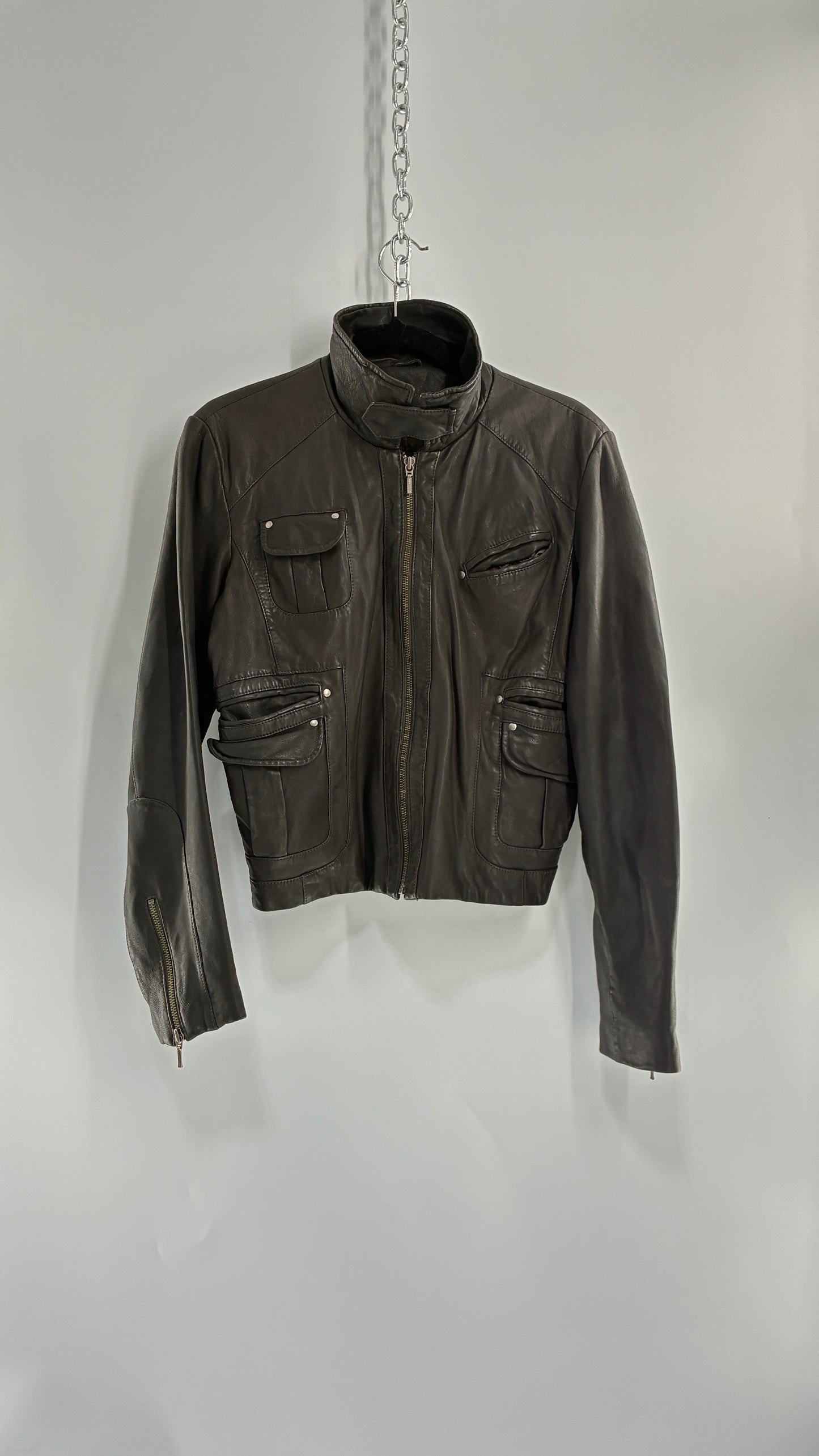 Vintage IDENTIFY Soft Genuine Leather Jacket with High Neck and Multi Pocket Details (Medium)