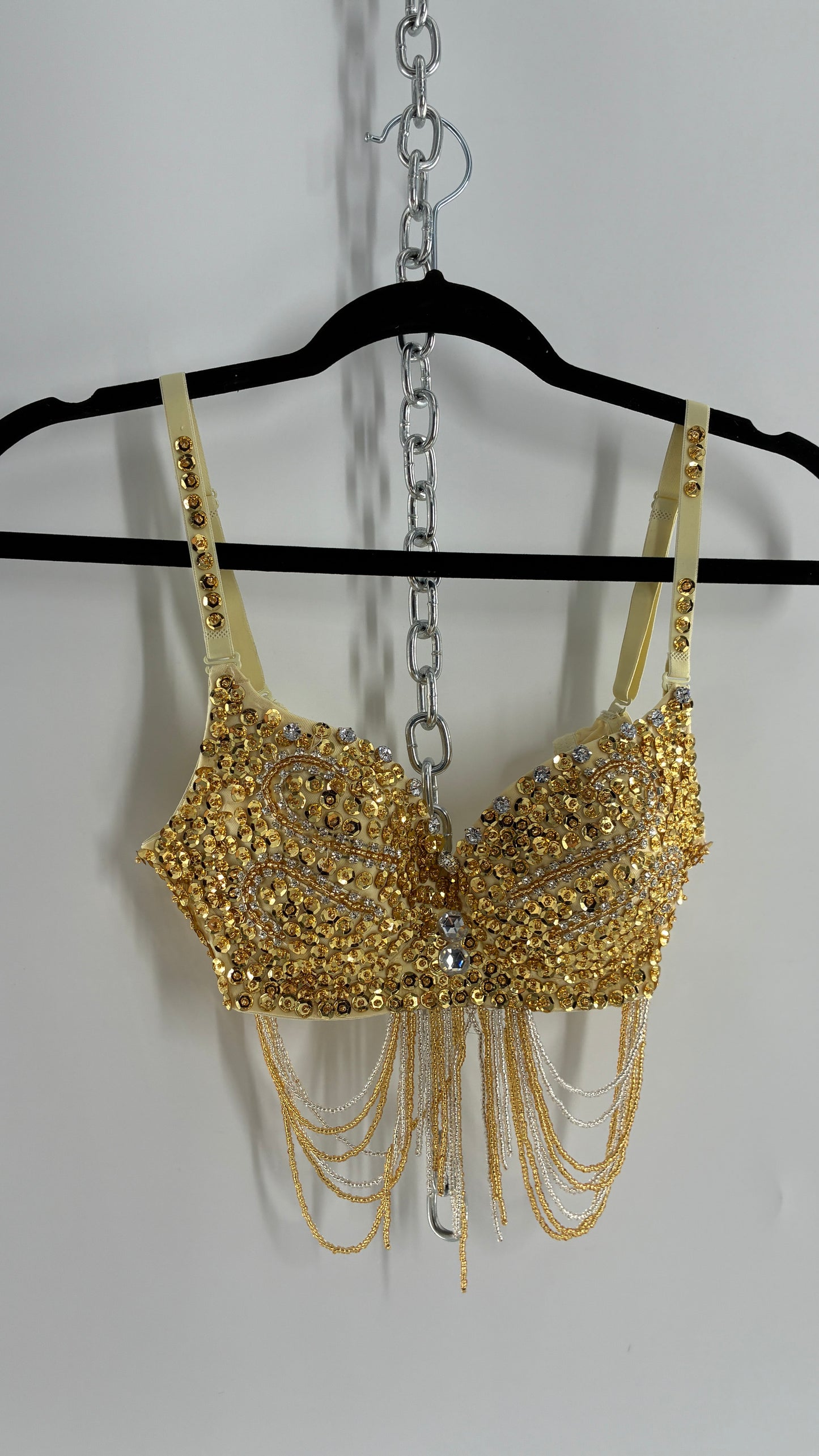 Vintage Gold Sequin Bra with Beaded Draping and Crystal Lining (34)