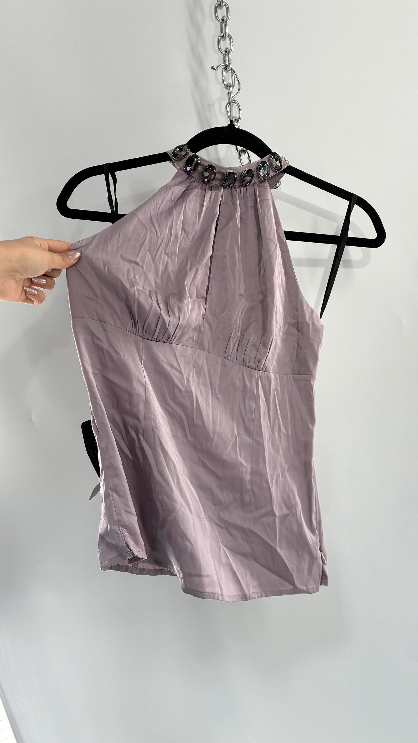 Deadstock Vintage BEBE Silky Dusty Purple Halter with Oversized Rhinestone Choker (XS)