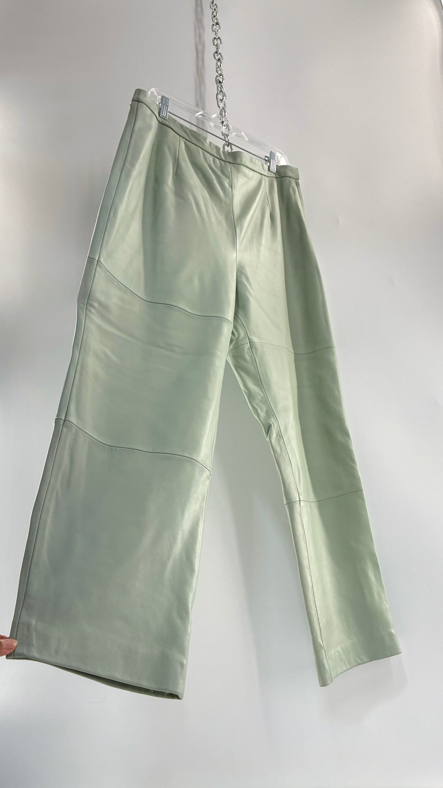 Vintage TERRY LEWIS Classic Luxuries Muted Seafoam, Genuine Leather Trousers with Silky Soft, Satin Lining (16P)