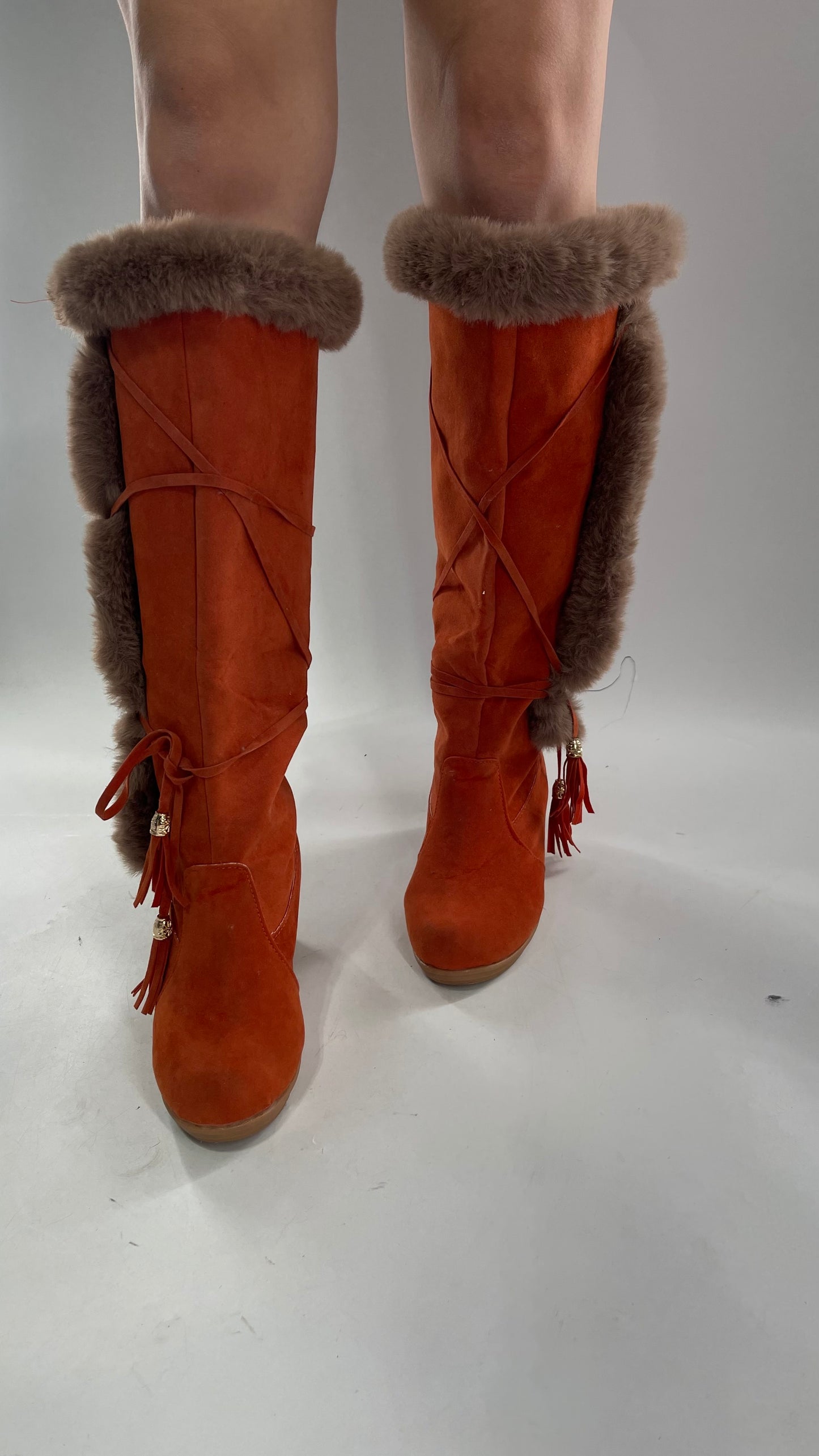 Faux Suede Lace Up Orange Wedge Boots with Faux Fur (37)