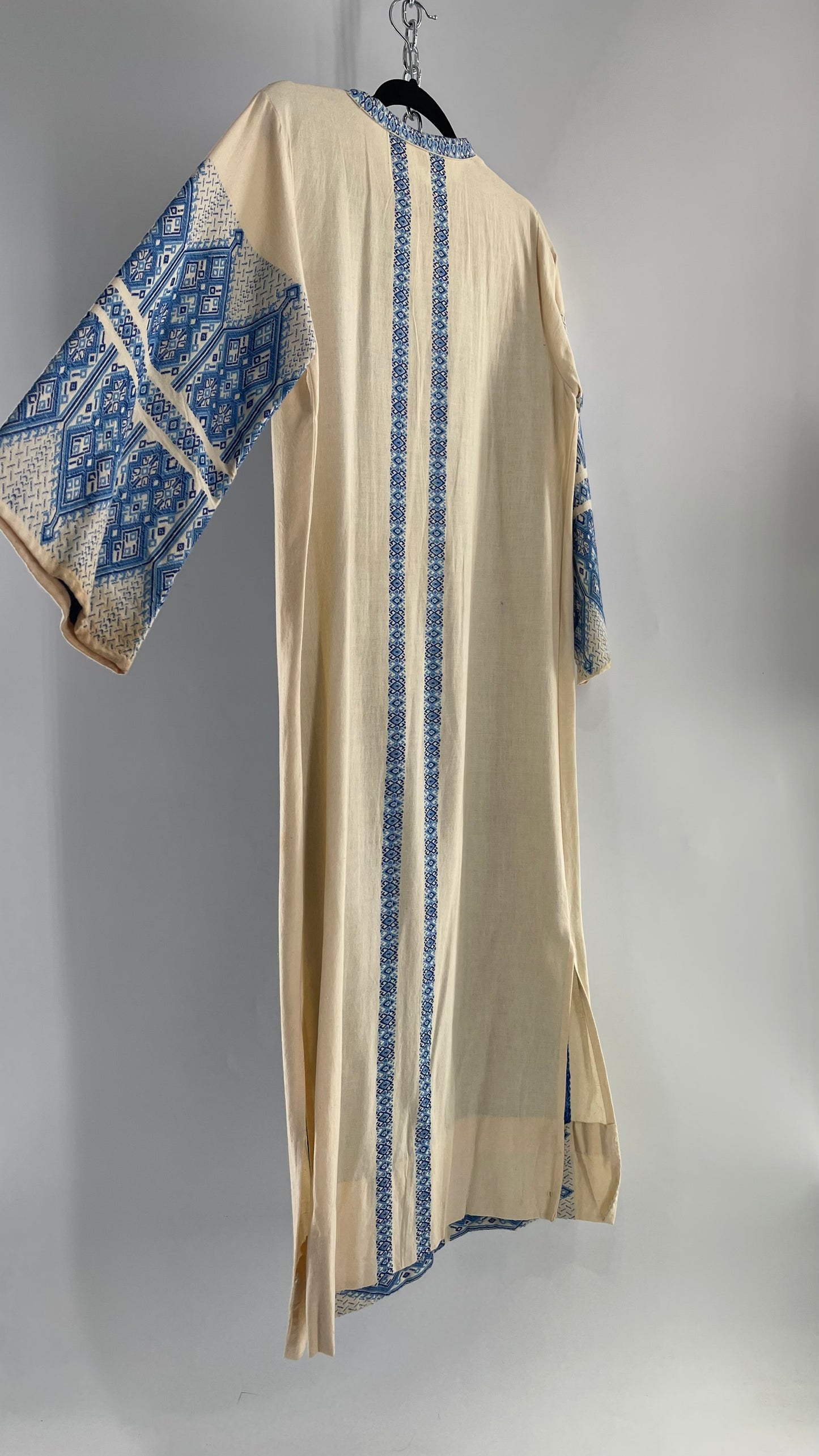 Vintage Pericles 1970s Wool Blend Off White Tunic Gown with Blue Needlepoint Embroidery