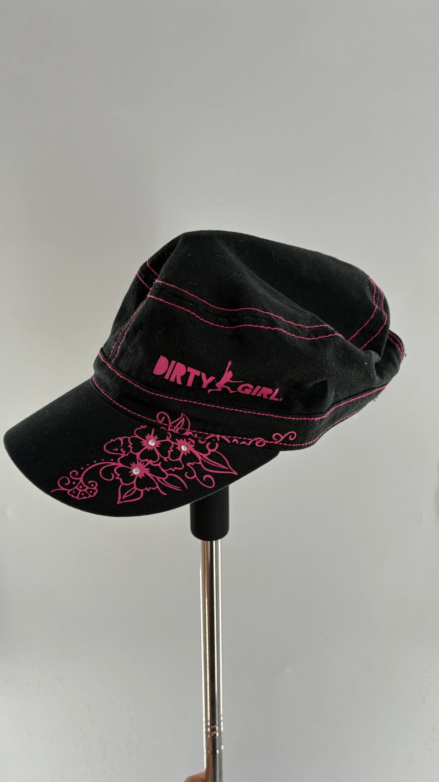 Vintage DIRTY GIRL Black Band Hat with Hot Pink Florals and Contrast Stitching