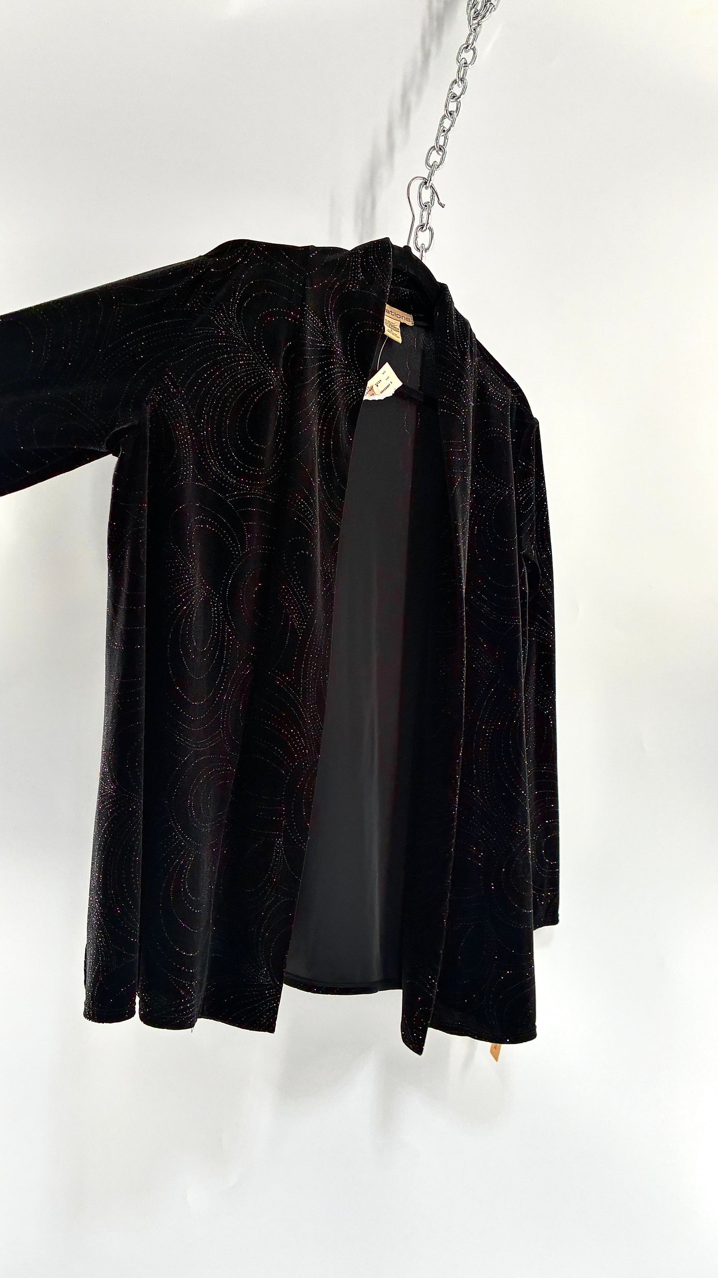 Deadstock Vintage NOTATIONS Black Velvet Glitter Patterned Cardigan (Small)