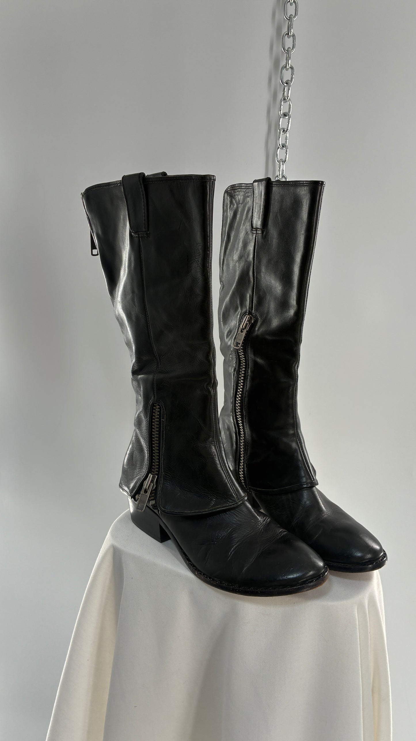 Vintage KORK EASE Black Genuine Leather Fold Over Boots with Heavy Metal Detailing (9/40.5)