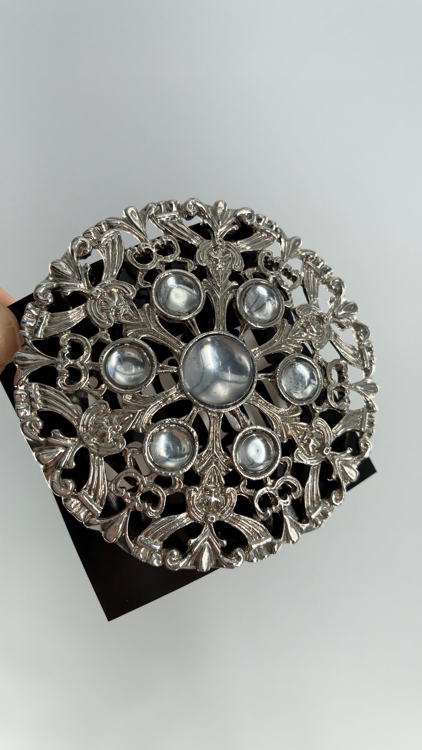 Vintage Oversized Heavy Metal Silver Brooch Pin with Transparent Gemstones