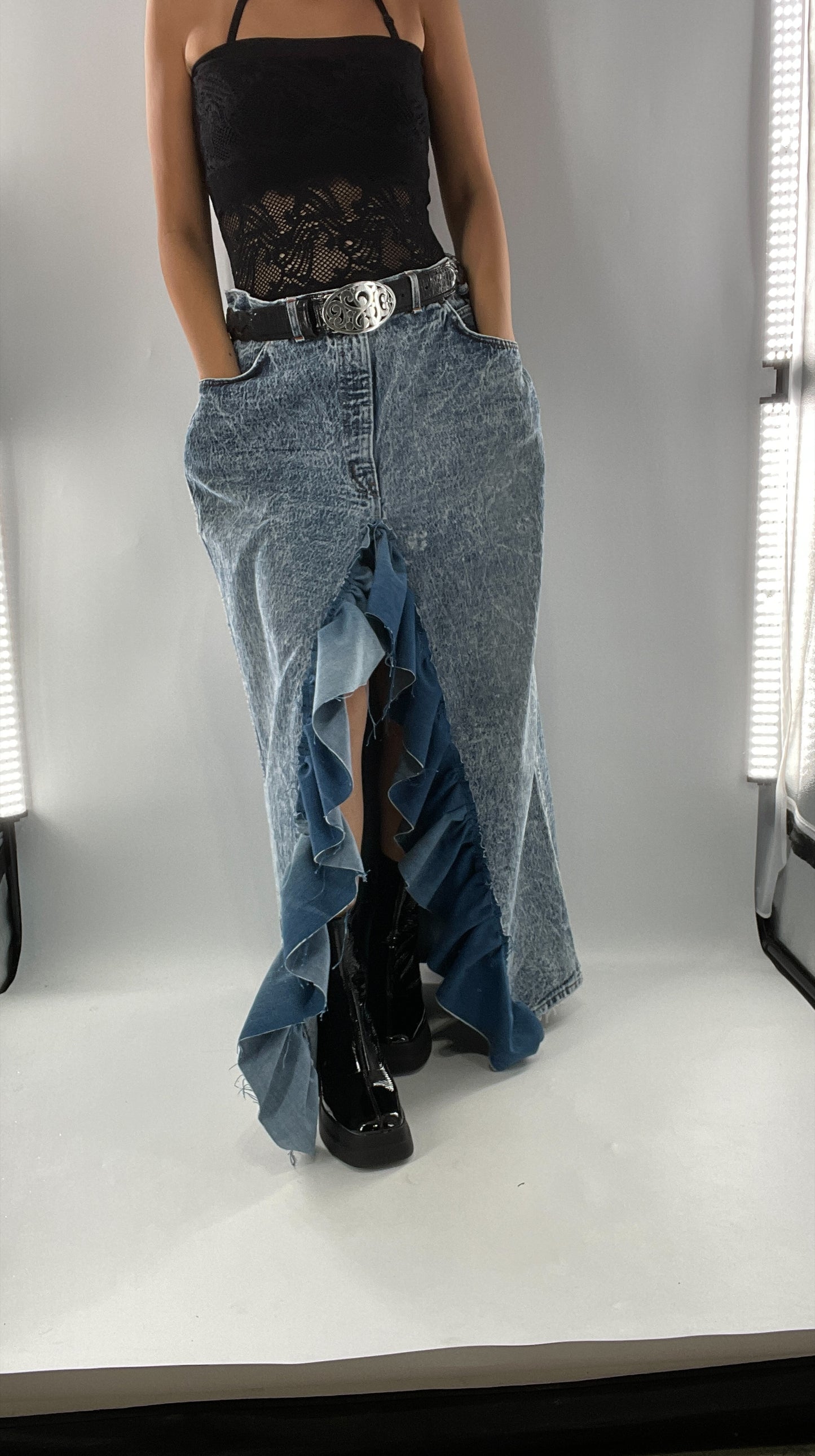 Custom Handmade Acid Wash Denim Slit Front Ruffled Skirt with Bow Bum (Large)