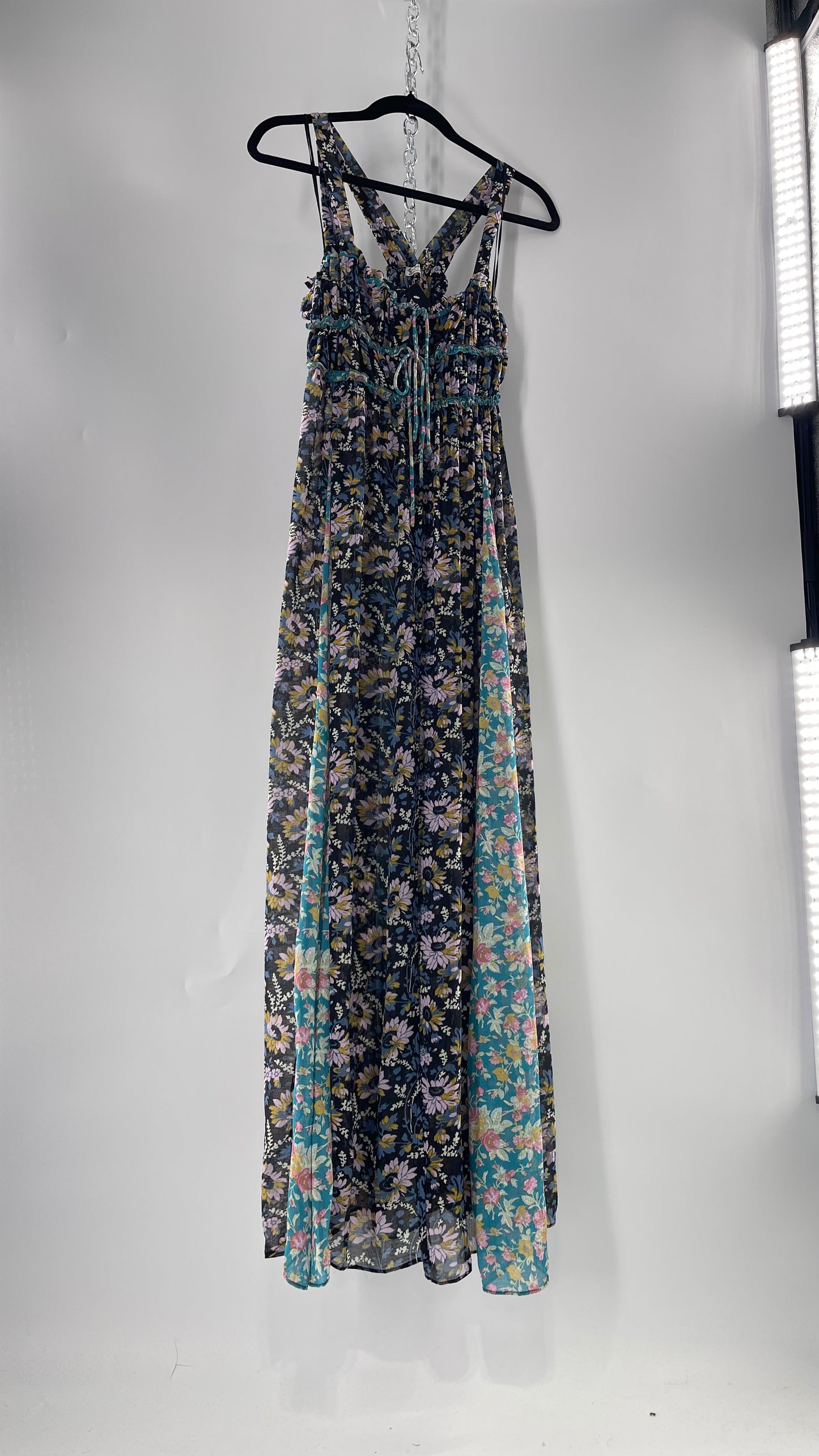 Intimately Free People Black and Teal Mixed Pattern Floral Maxi Dress with Tags Attached (XS)