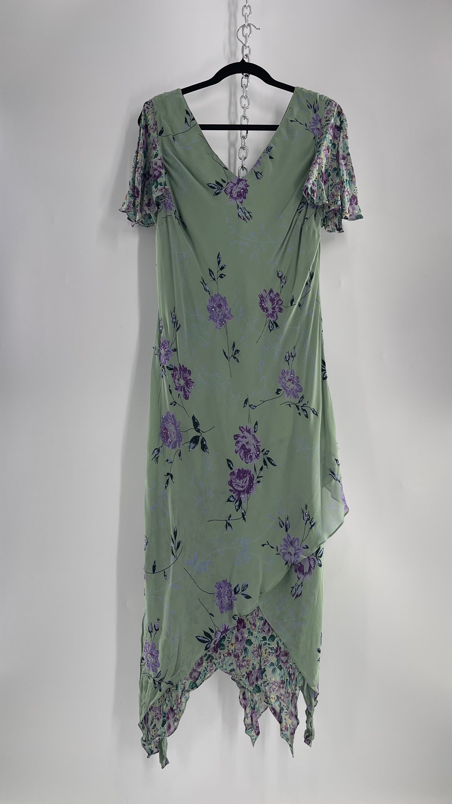 Vintage 1990s EVA BLUE Sage Green  Dress with Purple Beaded Florals and Handkerchief Hem(16)