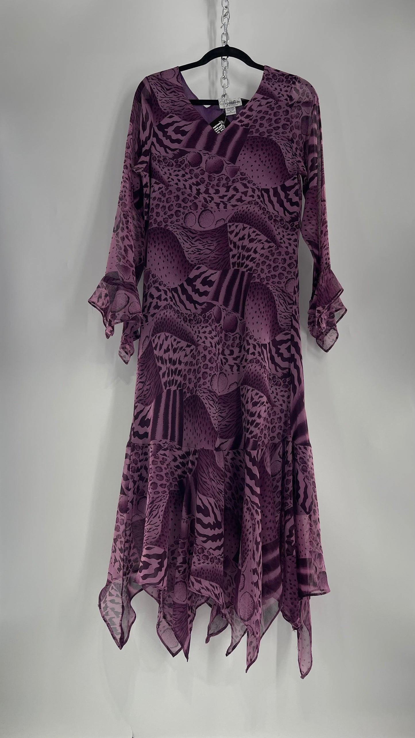 Vintage Signature JMB Suga Plum Fairy, Purple Maxi with Animal Print, Handkerchief Hem and Sleeves (XL)