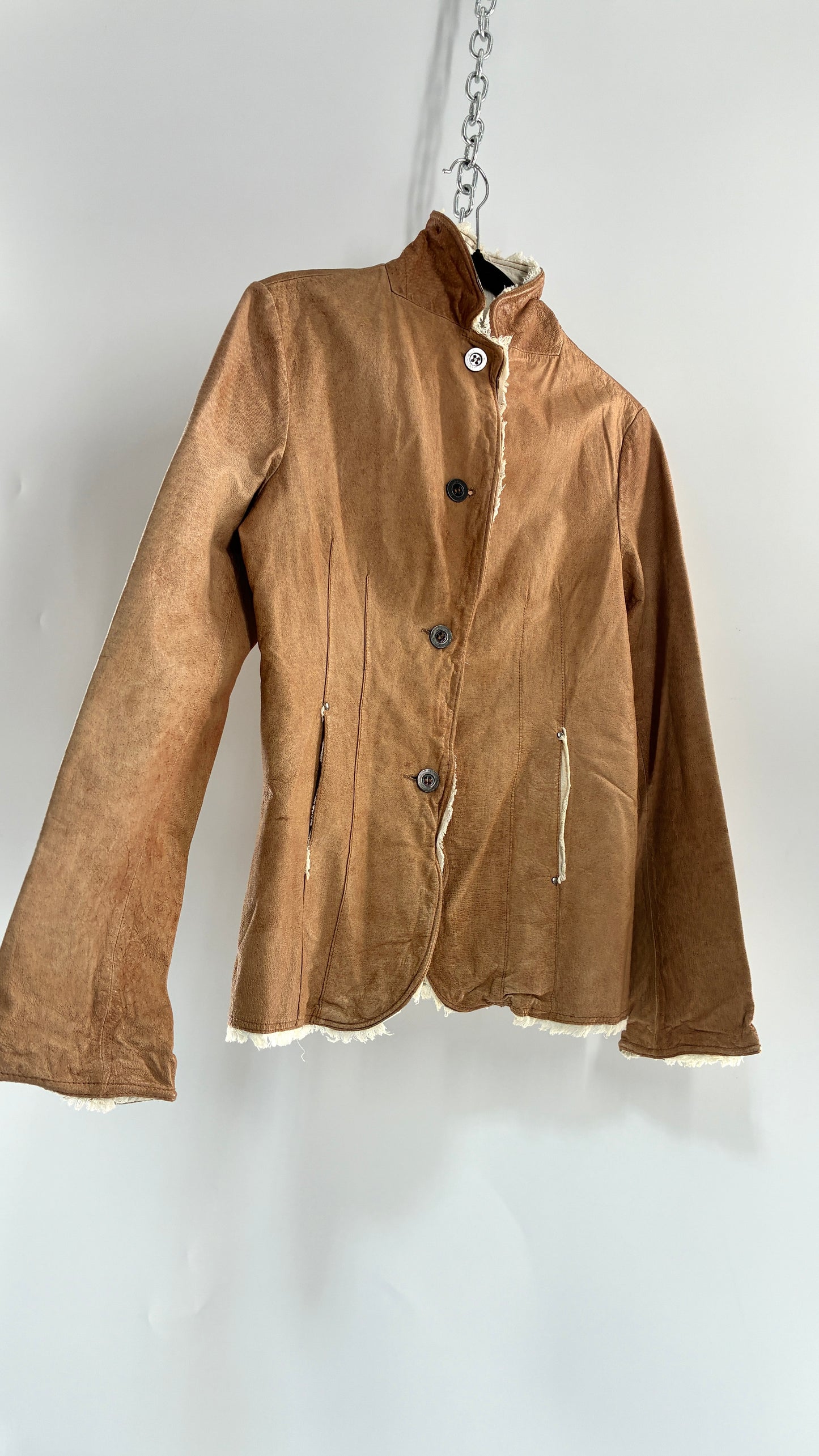 Vintage JAKETT Tan Leather Jacker with Cotton Raw Edge Trim+ Lining and buttoned Cuffs (Medium)