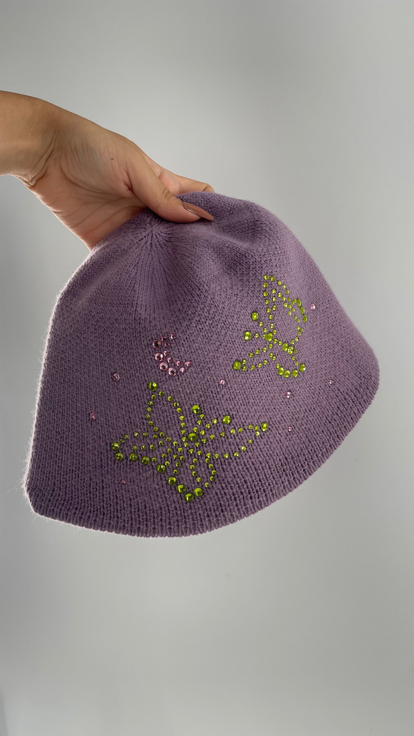 Urban Outfitters Lavender/Lilac Purple Knit Bucket Hat with Rhinestone Butterfly Details