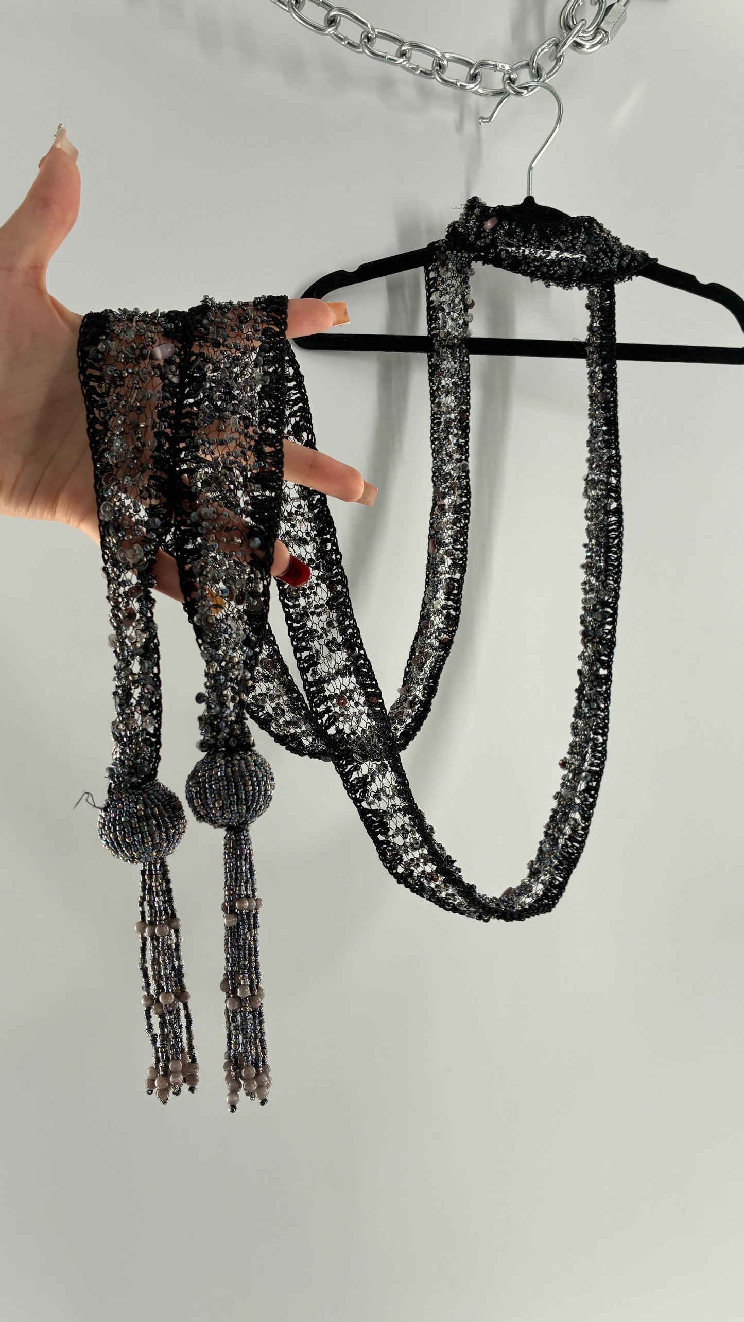Vintage Black Netted + Crochet Scarf Necklace Covered in Heavy Beading