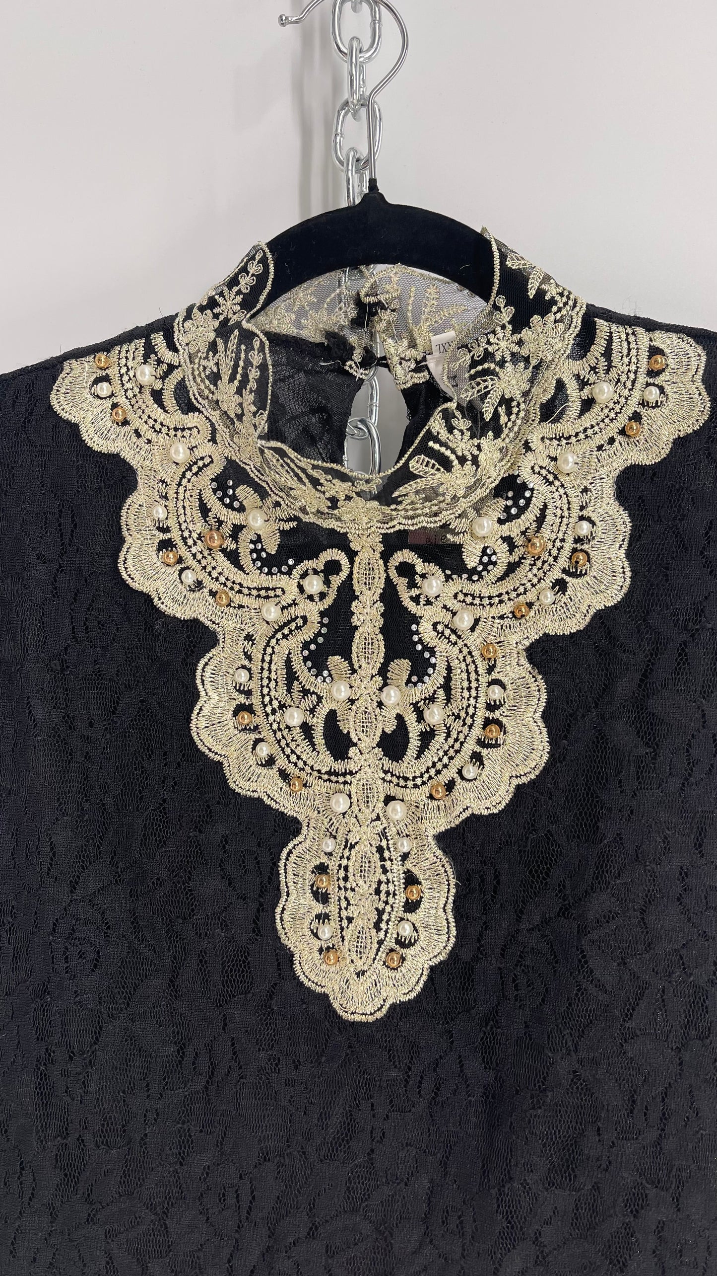 Biexiu Vintage Black Lace Semi Sheer Blouse with Ivory Gold Beaded Embroidered Neckline (Small)