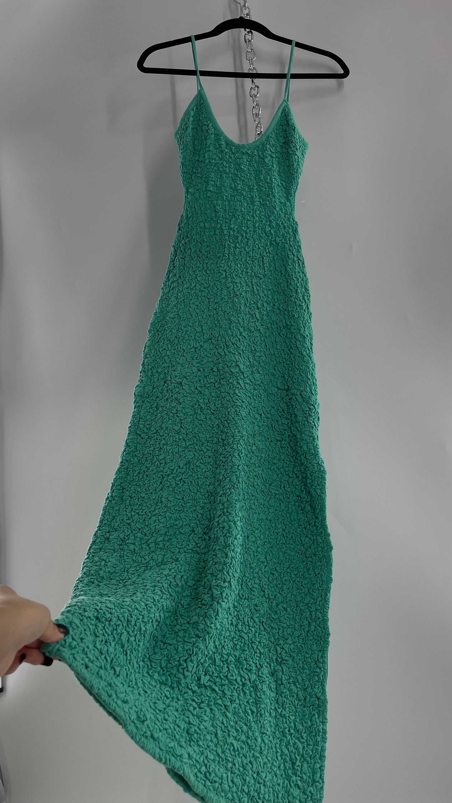 Free People Kelly Green Popcorn Maxi Dress with Low, Open Back Detail (XS)