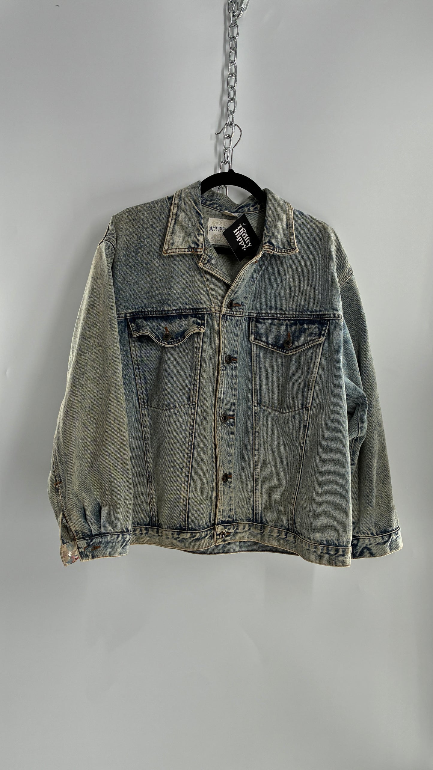 Vintage American Pacific Acid Wash Denim Jacket with Floral Patterned Cuffs (Large)