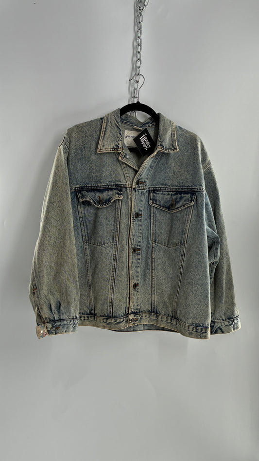 Vintage American Pacific Acid Wash Denim Jacket with Floral Patterned Cuffs (Large)
