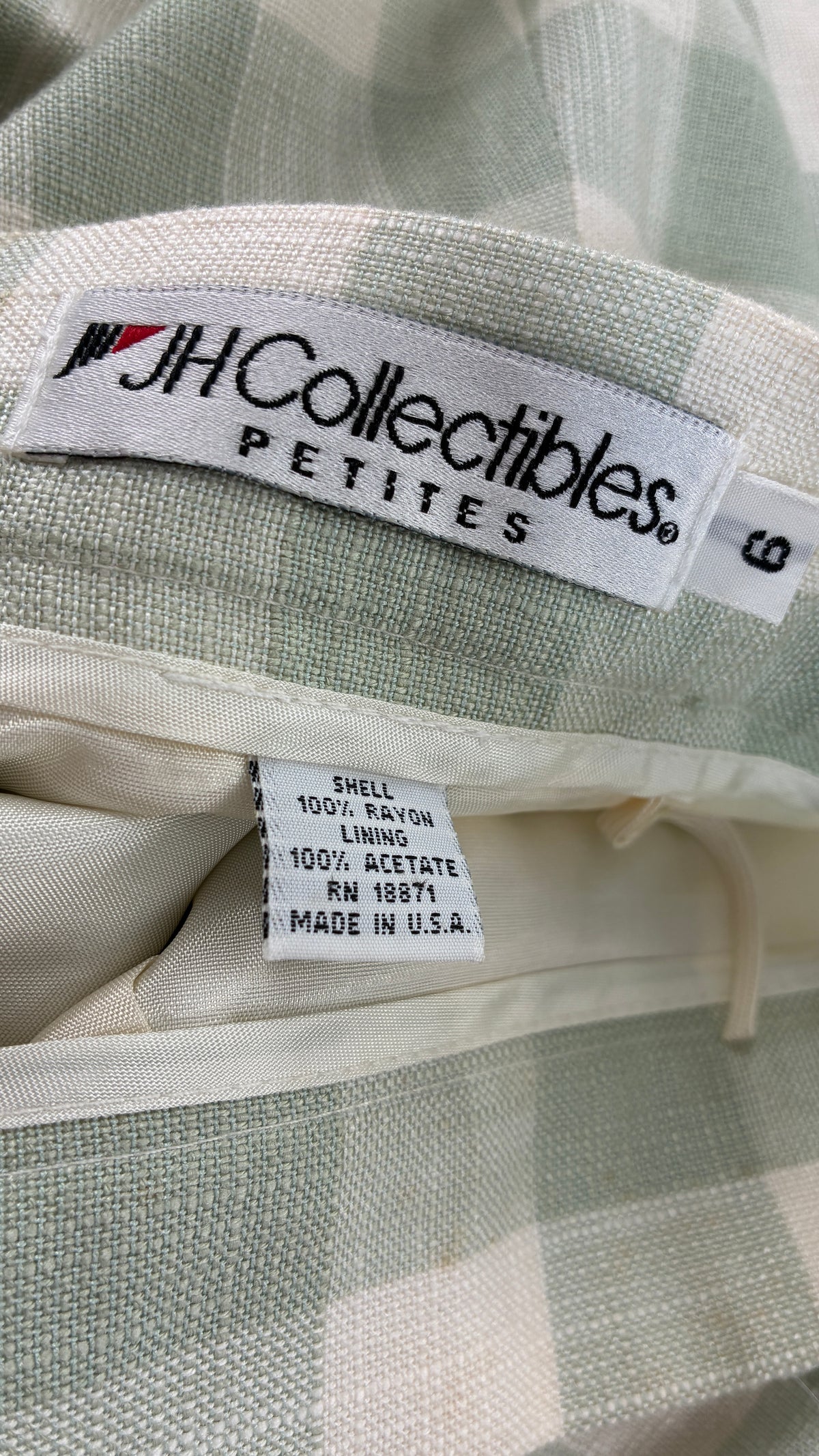 Vintage JH COLLECTIBLES 100% Rayon, Sage Gingham Suit Set (6 Skirt, 4 Blazer)