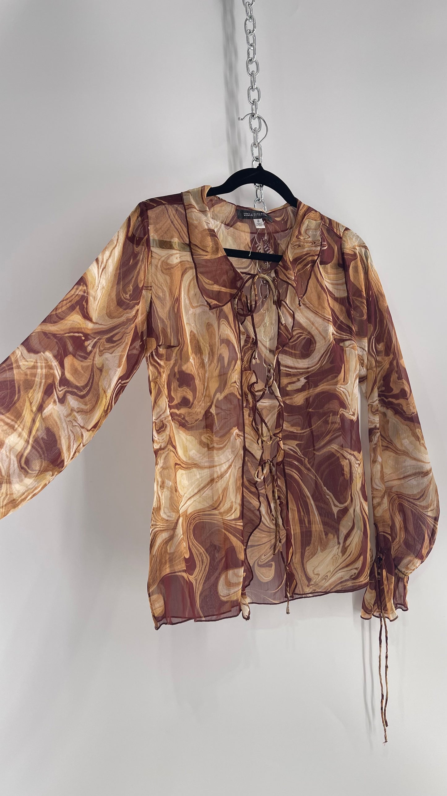 Urban Outfitters Marbled Brown Sheer Tie Front Balloon Sleeve Blouse (Small)