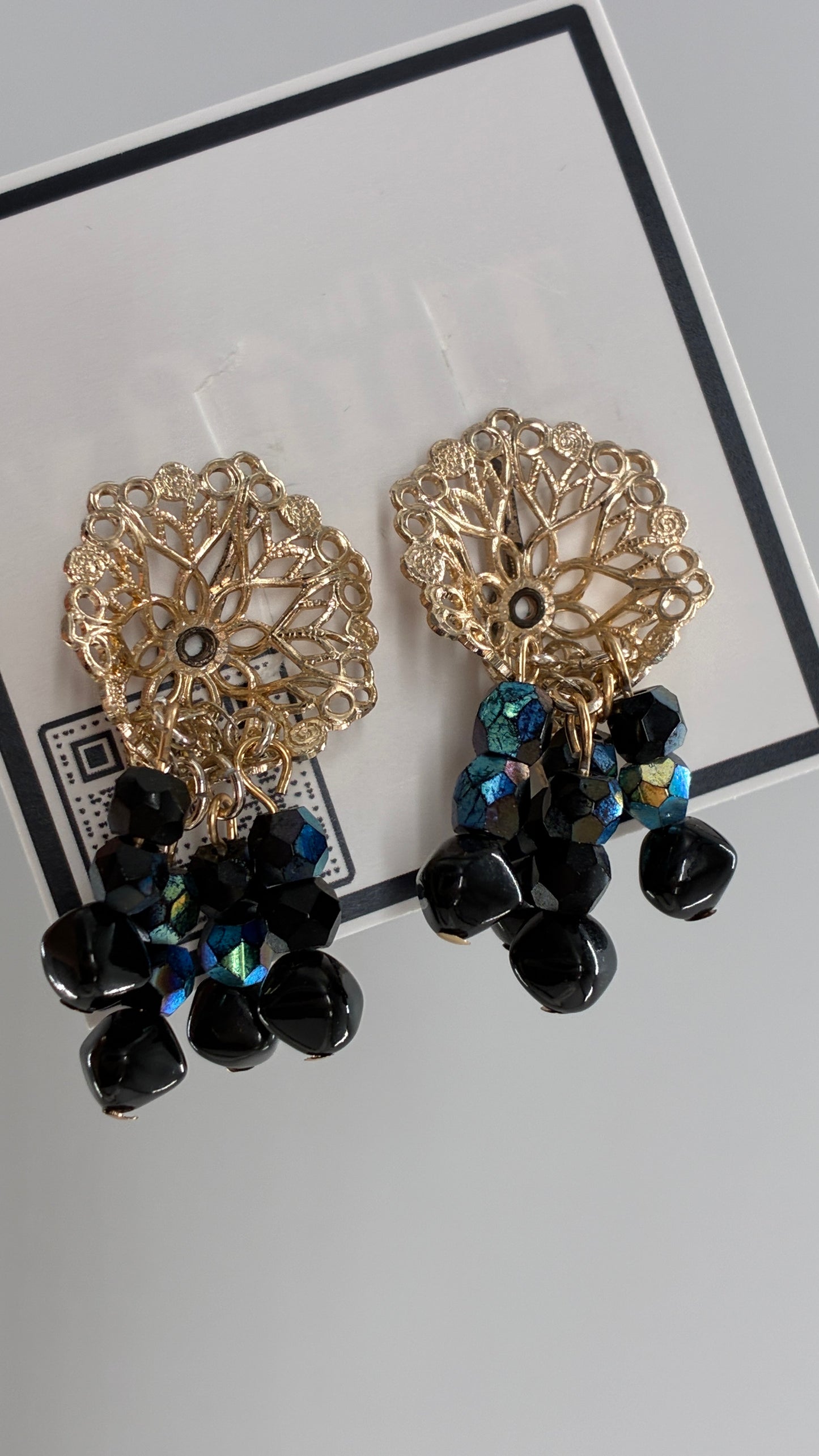 Vintage Gold Webbed Earring with Iridescent Beaded Tassels
