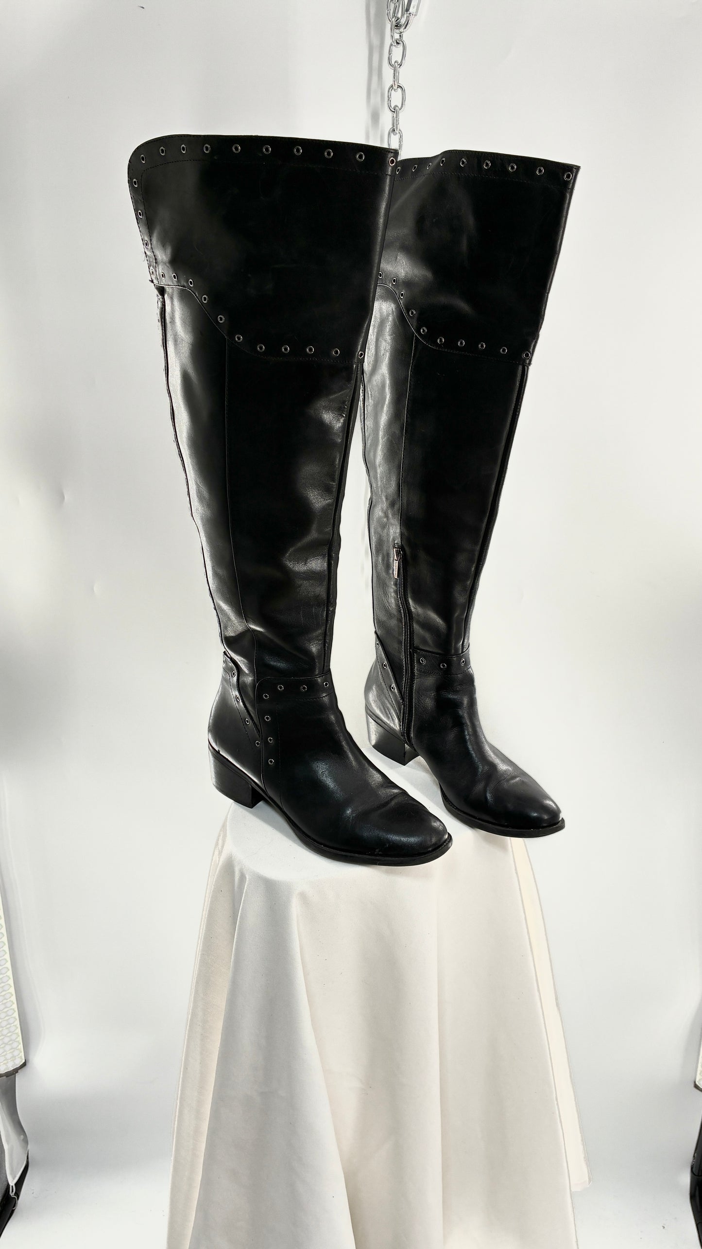 VINCE CAMUTO Genuine Leather Black Over the Knee, Thigh High Boots with Studding Details (11/41)