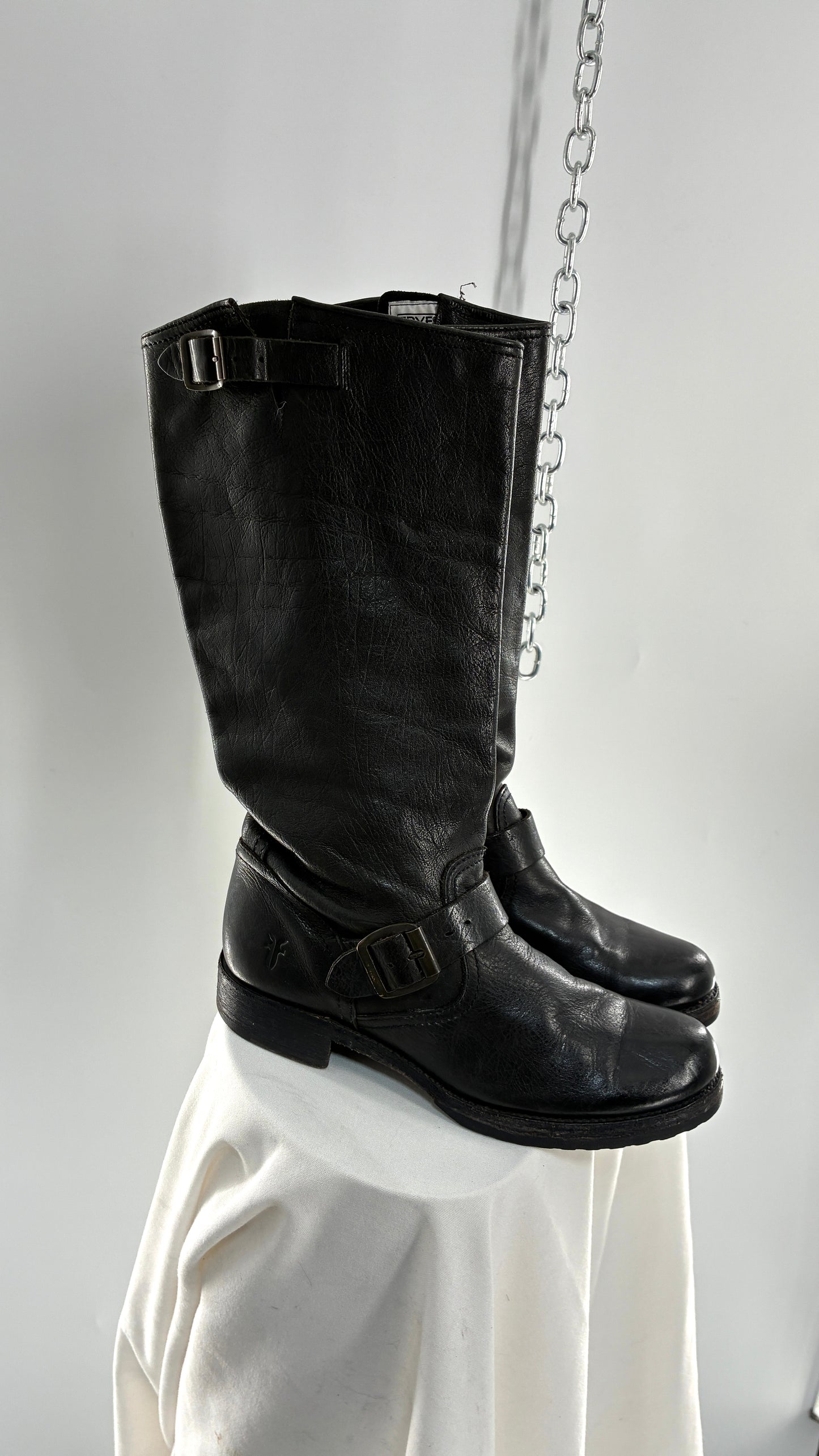 Vintage FRYE Veronica Tumble Shiny Black Leather Slouch Boot (8)