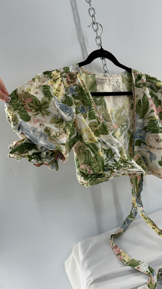 Urban Outfitters Pastel Florals Tie Around Crop with Exaggerated Puff Sleeves  (Medium)