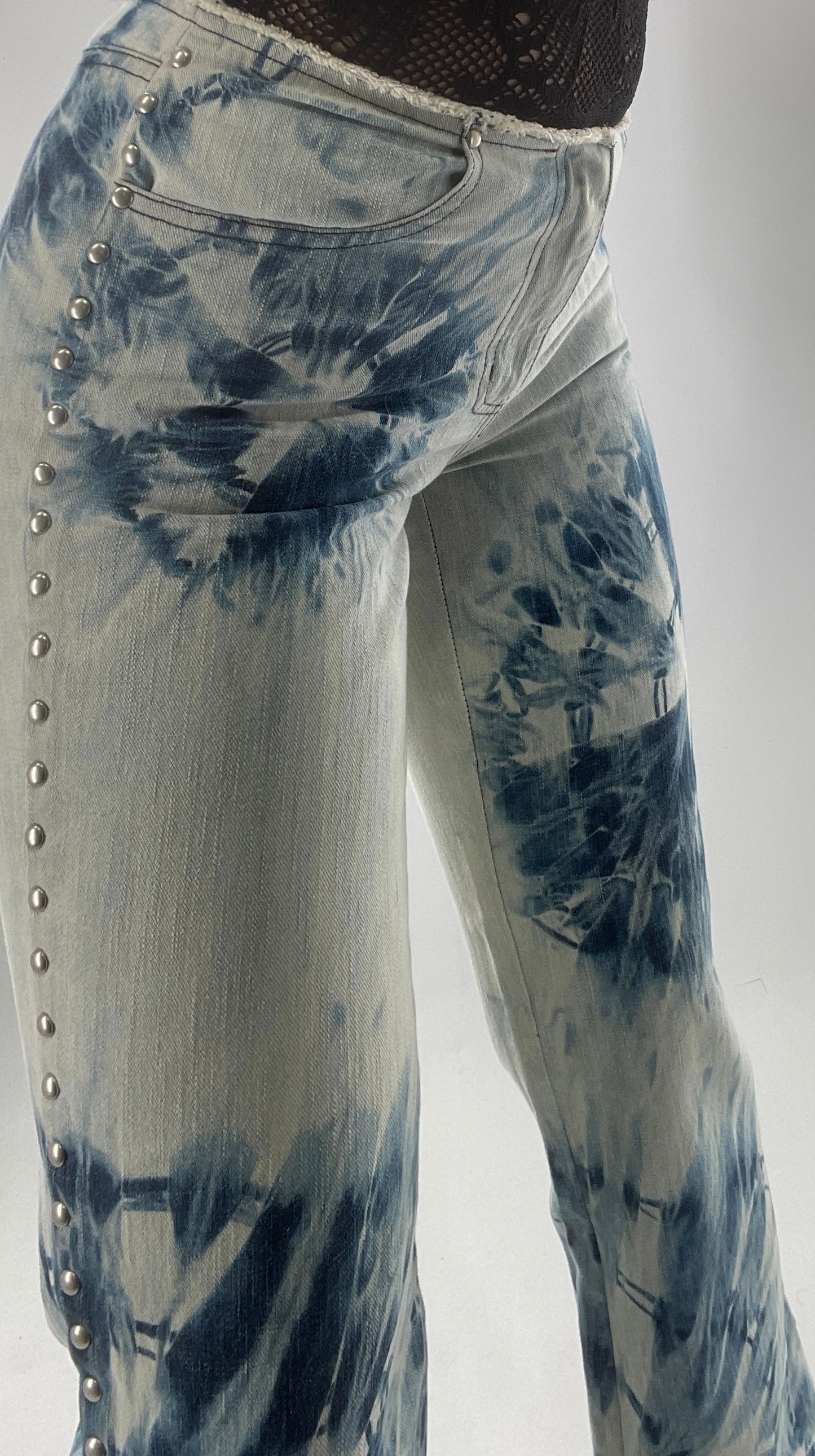 Vintage 1990s DKNY Light Bleached Jeans with Tie Dye Denim Pattern, Raw Edge Low Rise, and Studded Sides (5)