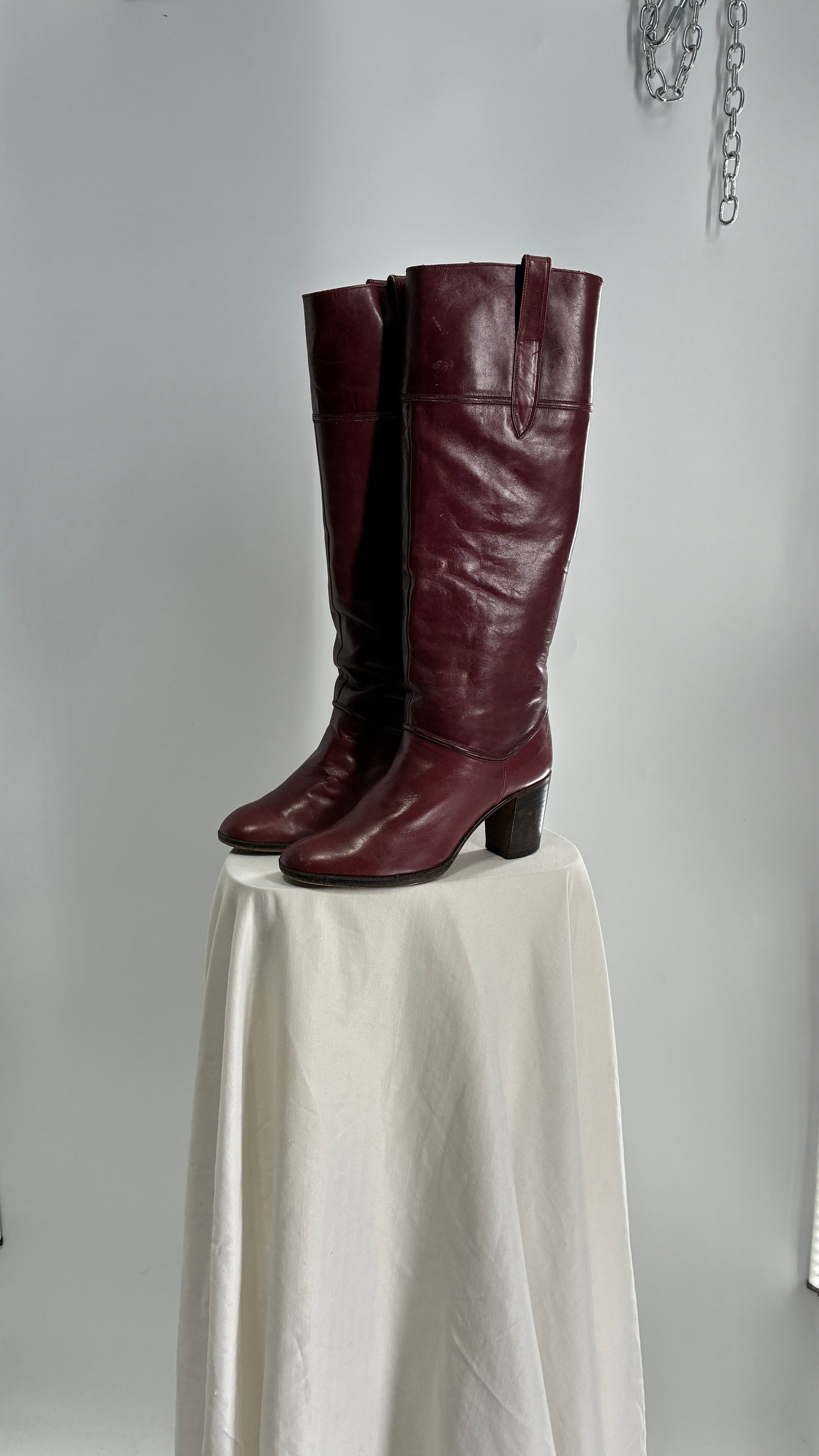 Vintage Red Leather Round Toe Knee High Boots Made in Spain Boots (38)