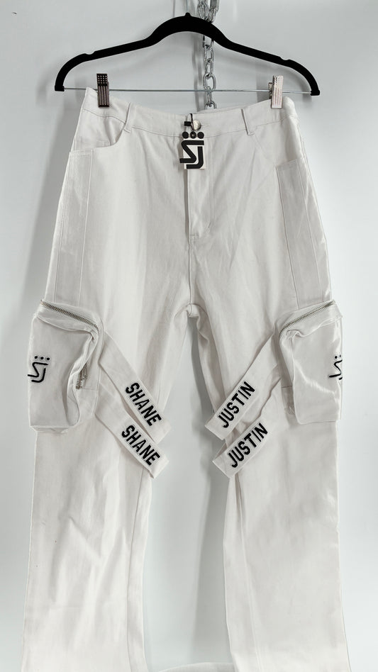 Designer SHANE JUSTIN White Stacked Extendo Cargo Pants with Embroidered Logo Pants and Tags Attached (Small)