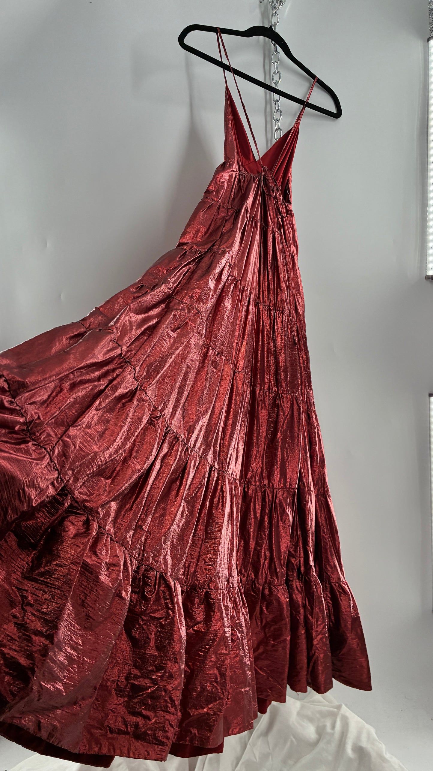 HUTCH Red Metallic Tiered Voluminous Maxi Gown (XS)