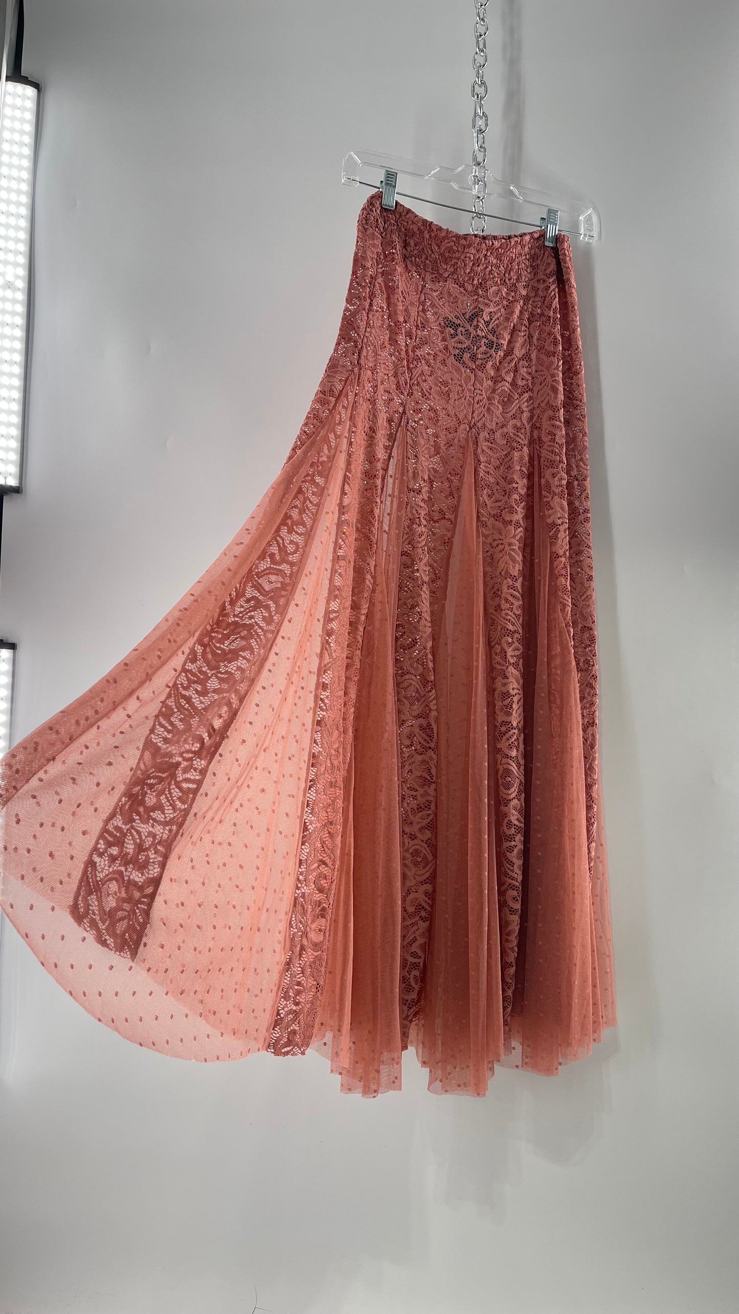 Intimately Free People Blush Pink Lace and Polka Dot Mesh Maxi Skirt (XS)