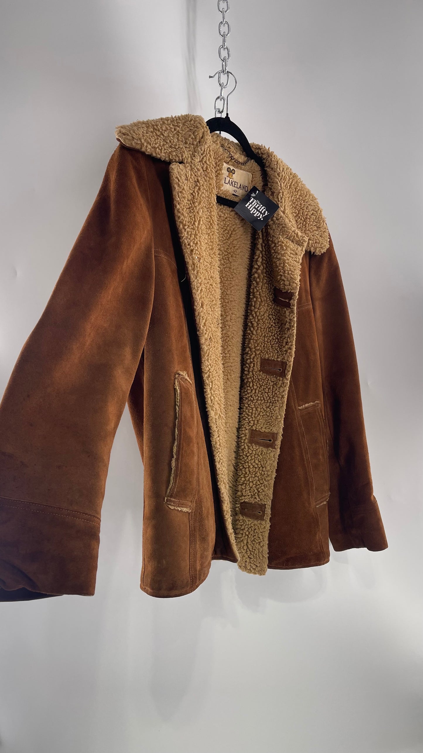 Vintage Heavy Duty Genuine Suede Leather Coat with Teddy Sherpa Lining (C) (Large/42)