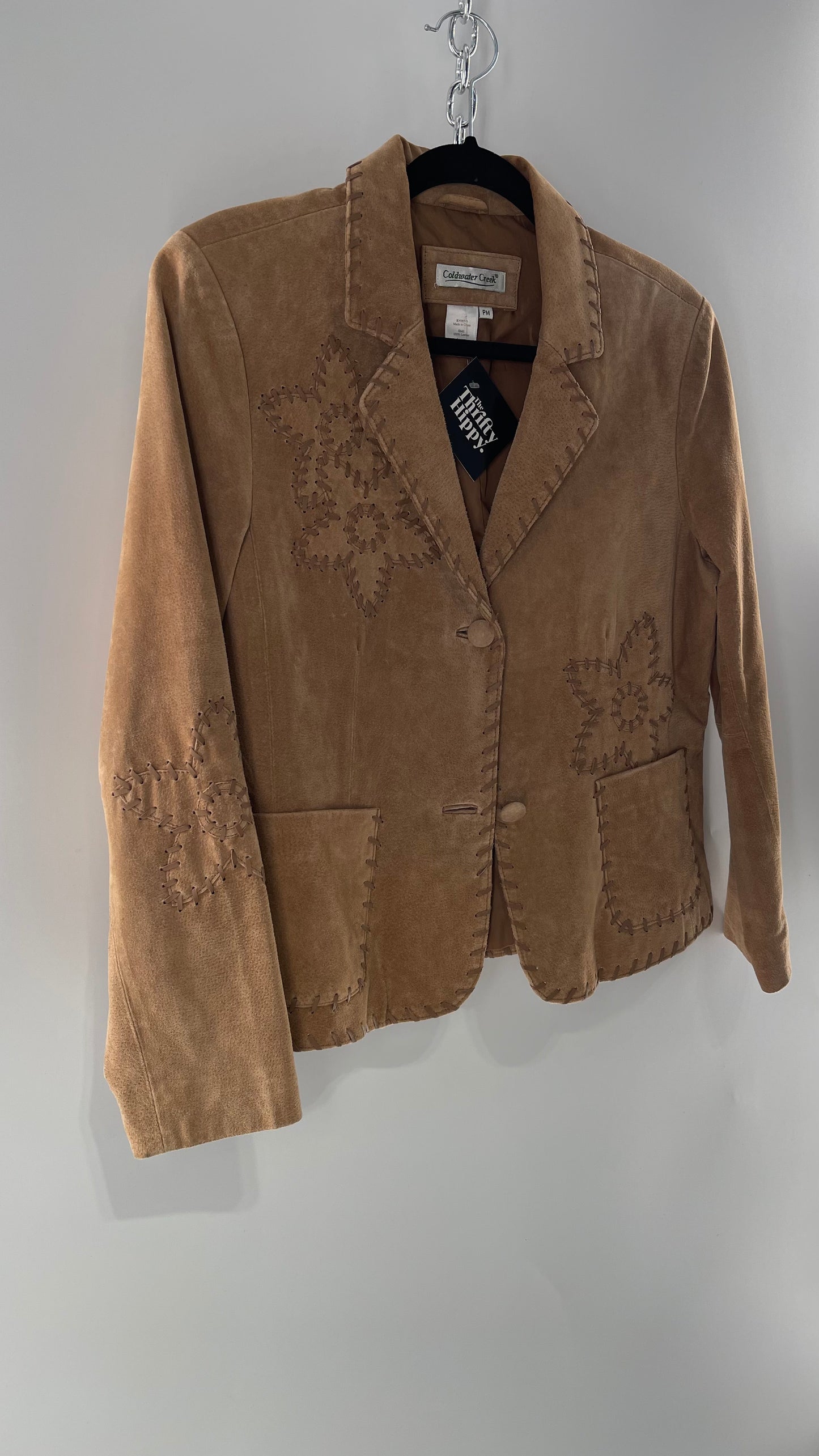 Vintage Rare Light Brown Genuine Suede Blazer with Embroidered Suede Flower and Contrasting Thick Leather Stitching (Medium)