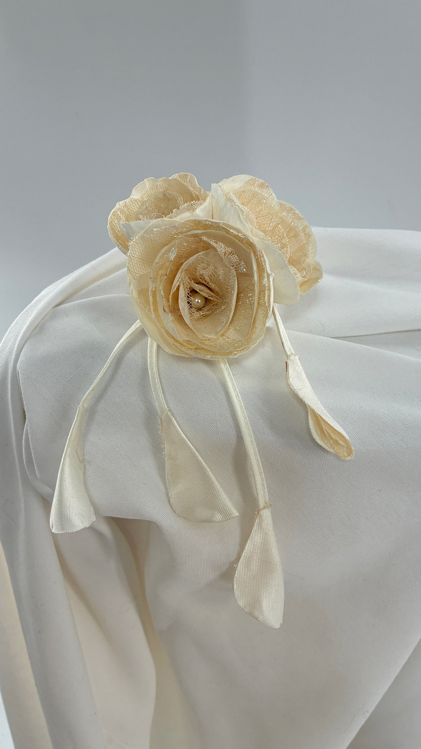 Vintage Brooch Pin: Oversized Rosette Cluster of Handmade Off White Satin and Lace Flowers with Pearl Center
