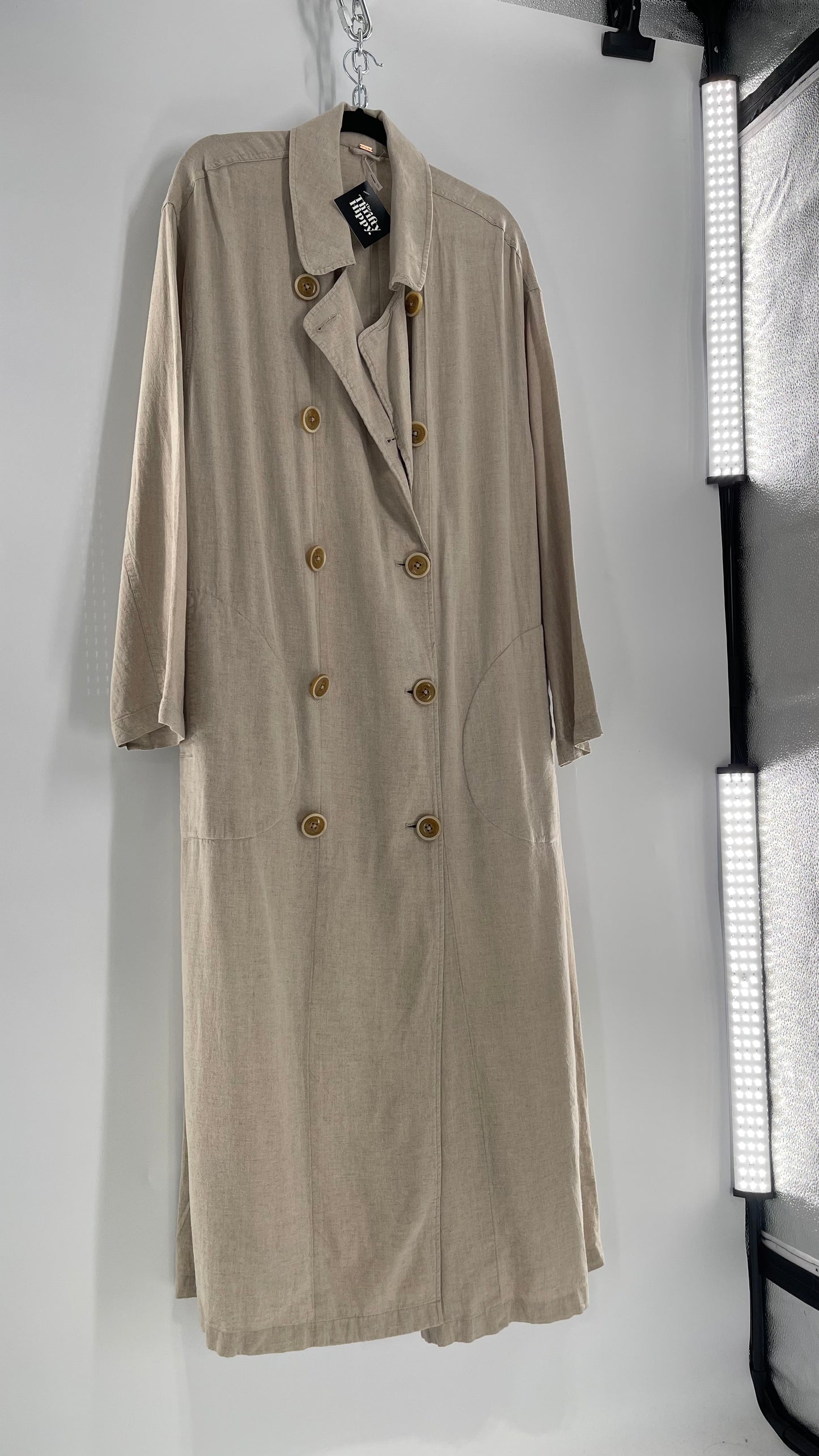 Free People Double Breasted Beige Linen Trench Coat with Brown Buttons and Tags Attached