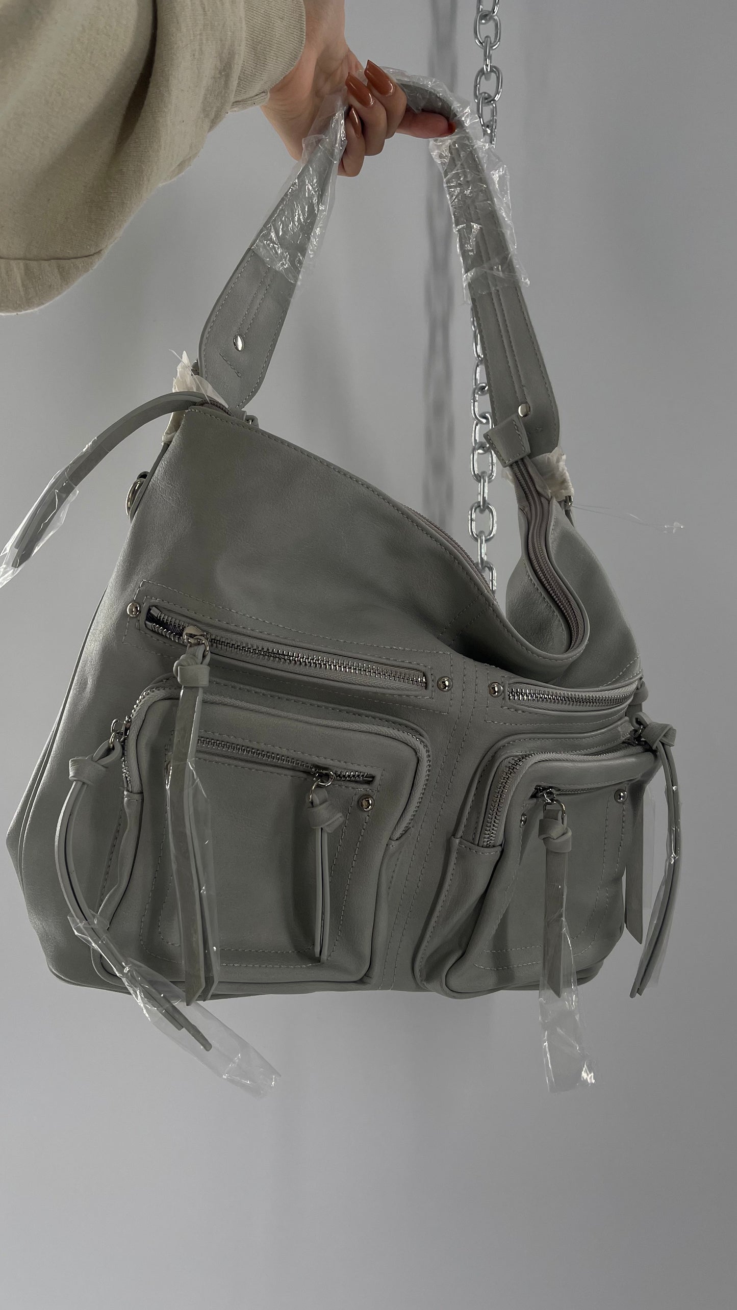 Free People Grey Leather Bag with Heavy Silver Metal Detailing, Pockets and Extra Strap