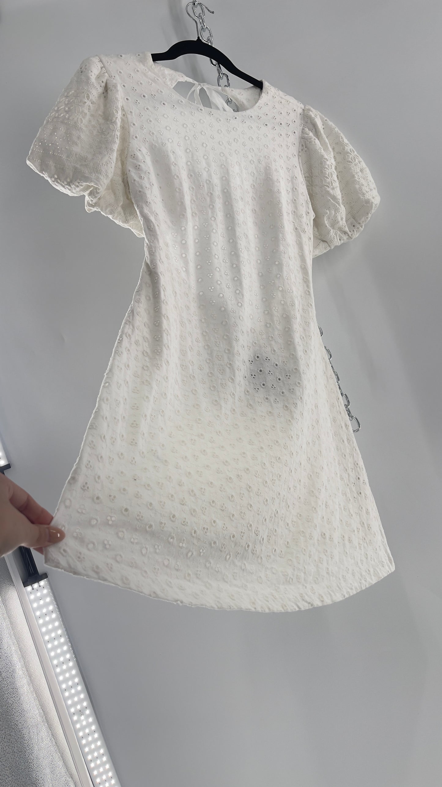 Free People White Eyelet Mini Dress with Puff Sleeve and Open Back (XS)