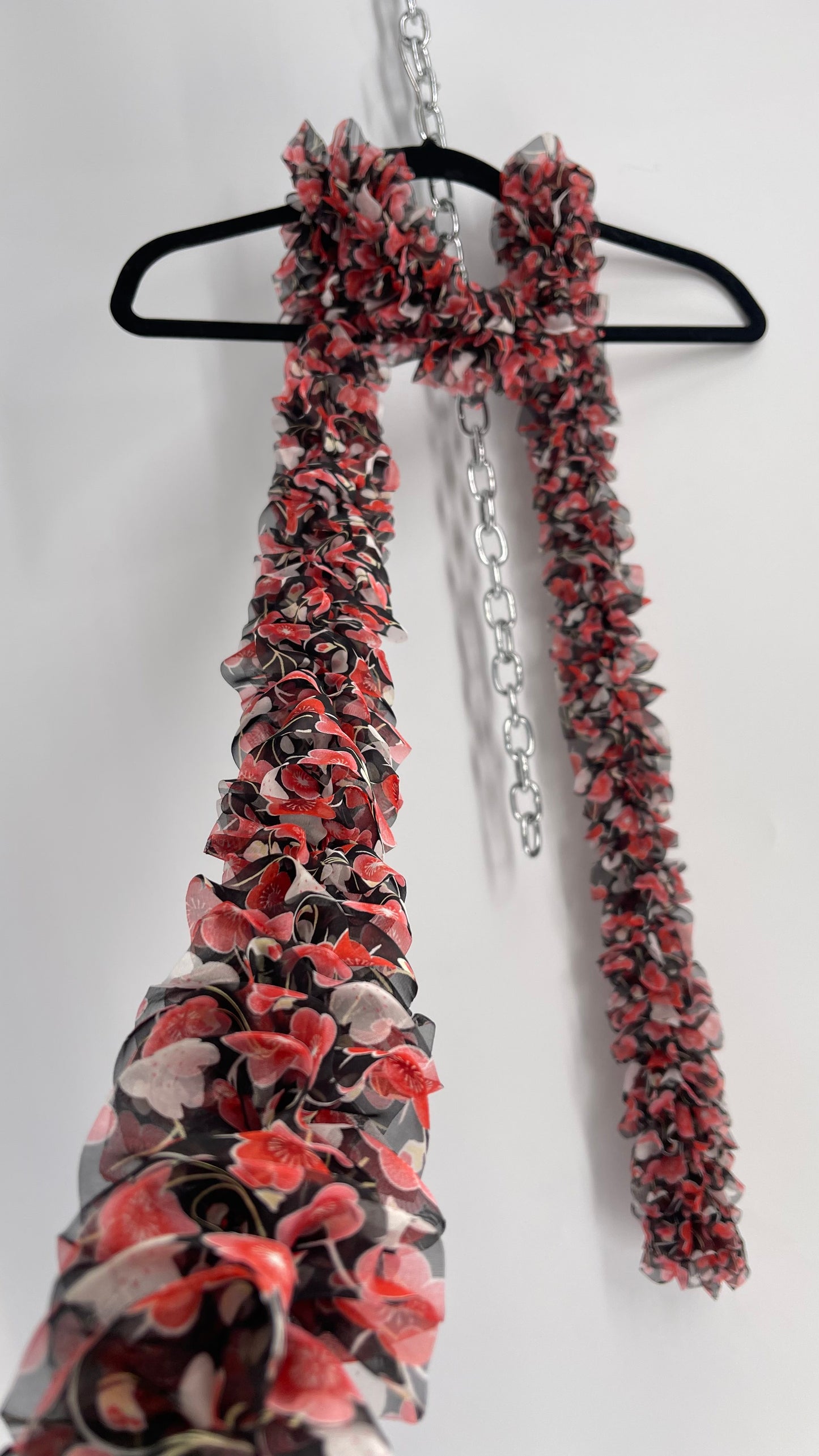 Vintage 1990s Ruffled Black Red Floral Scarf