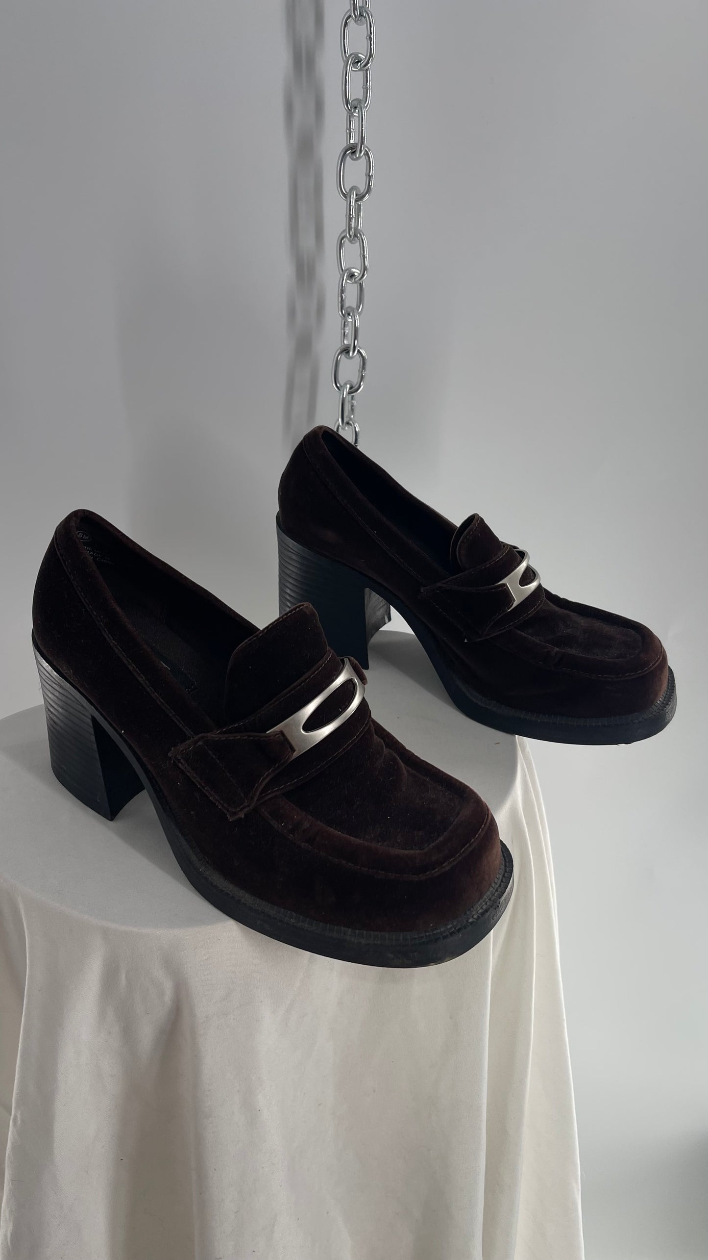 Vintage Modern Edge 1990s Dark Brown Velvet Loafer with Chunky Block Heel (8)