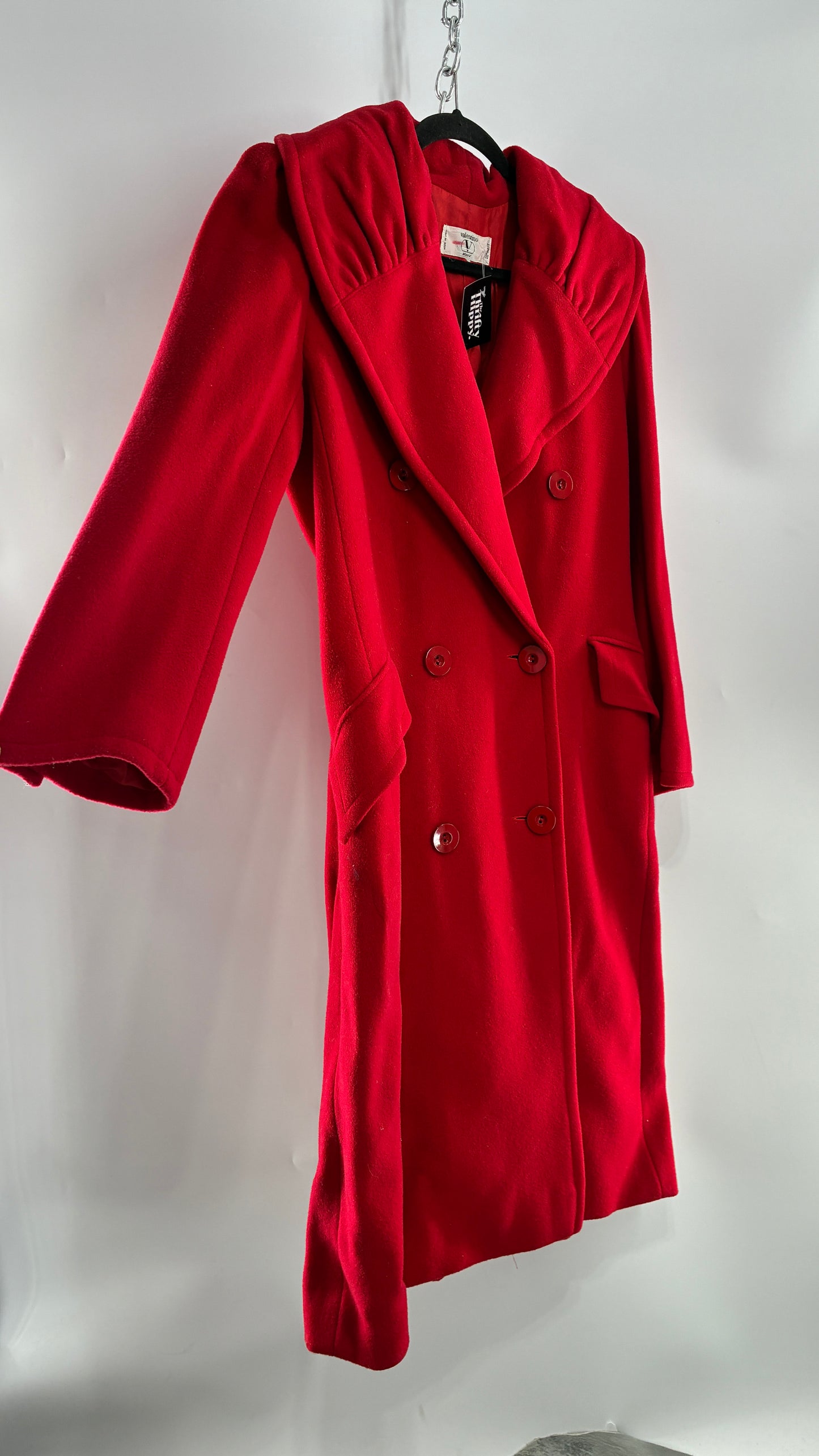 Vintage VALENTINO Miss V Red Sweeping, Tie Back and Pleated/Draped Collar Coat