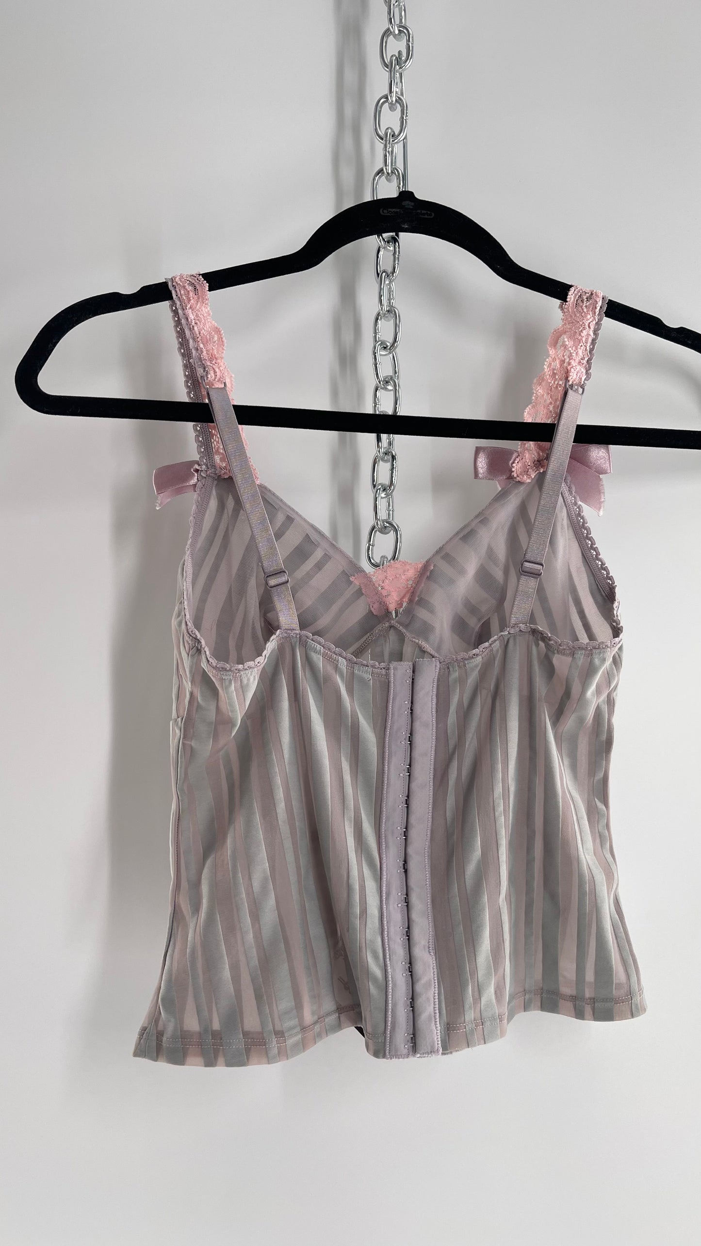 Sophie B Vintage Gray Sheer Striped Camisole Tank with Pink Lace, Bows and Ribbon (M)