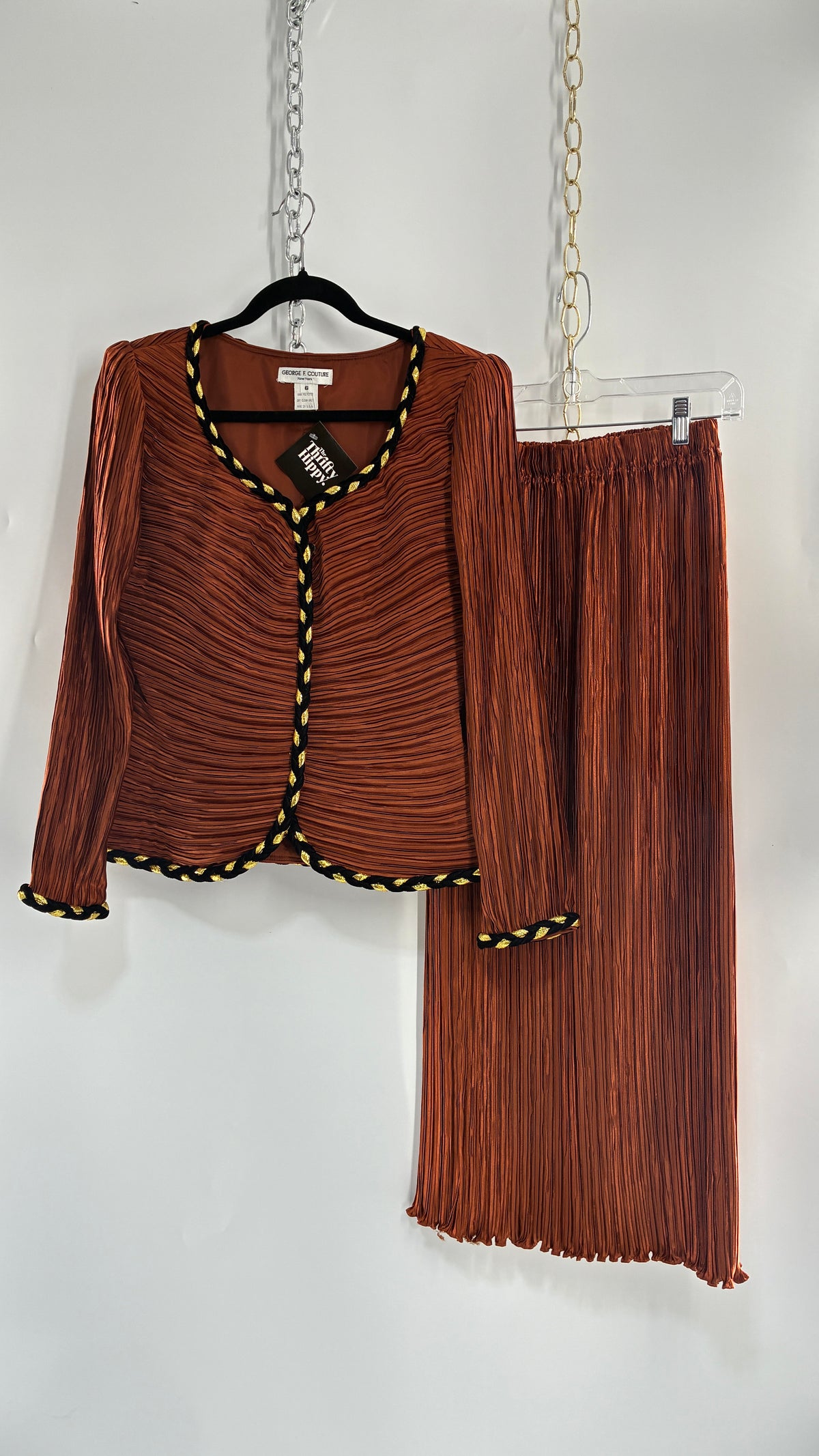 Vintage GEORGE F COUTURE Plissé 2 Piece Burnt Orange Structured Blazer Set with Velour, Gold Rope Detail (6)