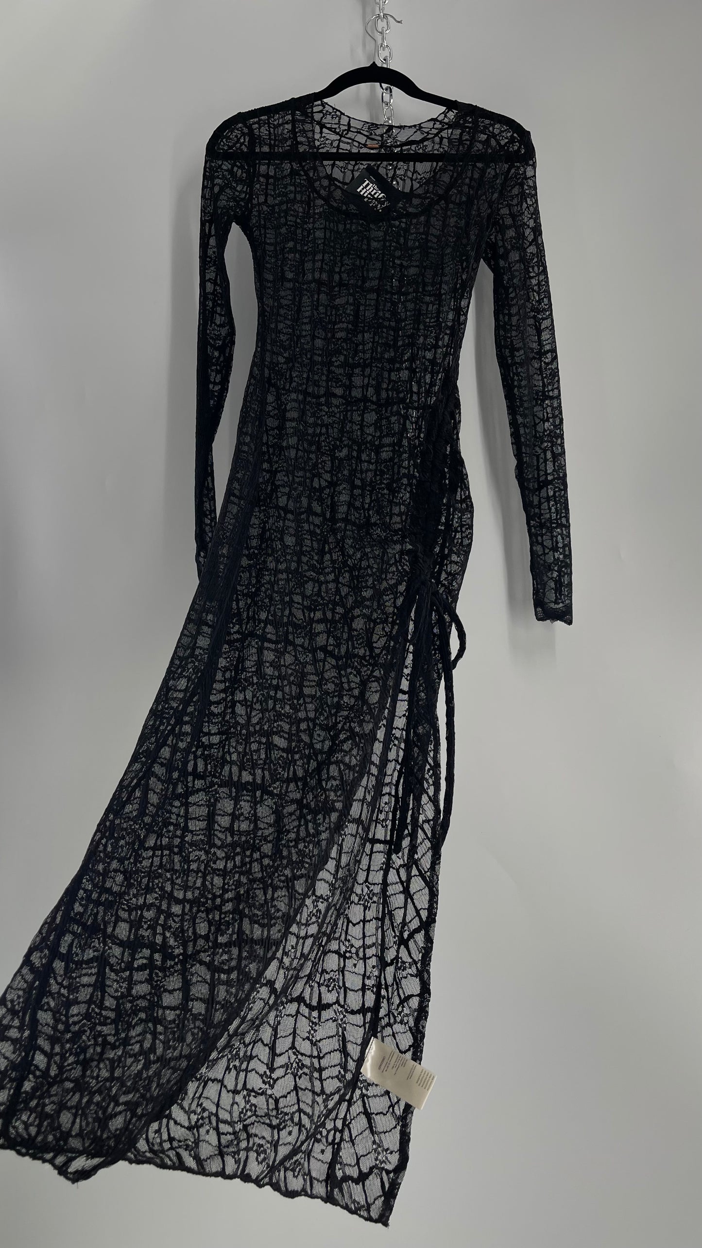 Free People Sabina Black Sheer Crimped Lace Long Sleeve Maxi with Ruched Slit (XS)