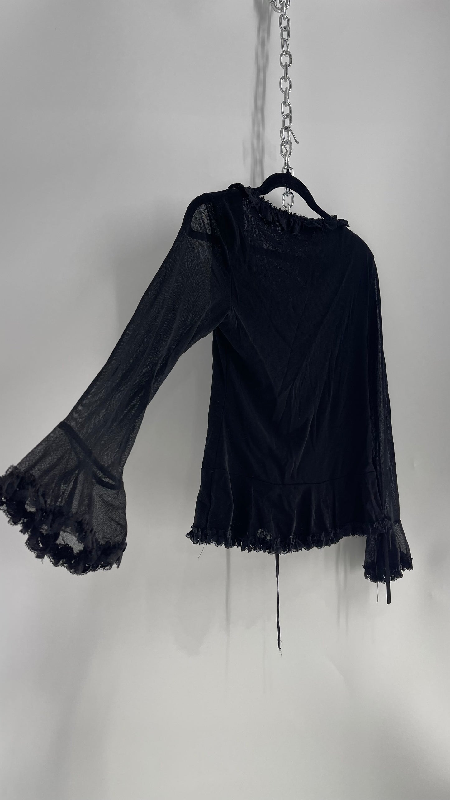 MICHEL Black Lace Up, Ruffle Lined Blouse with Floral Lace (Large)