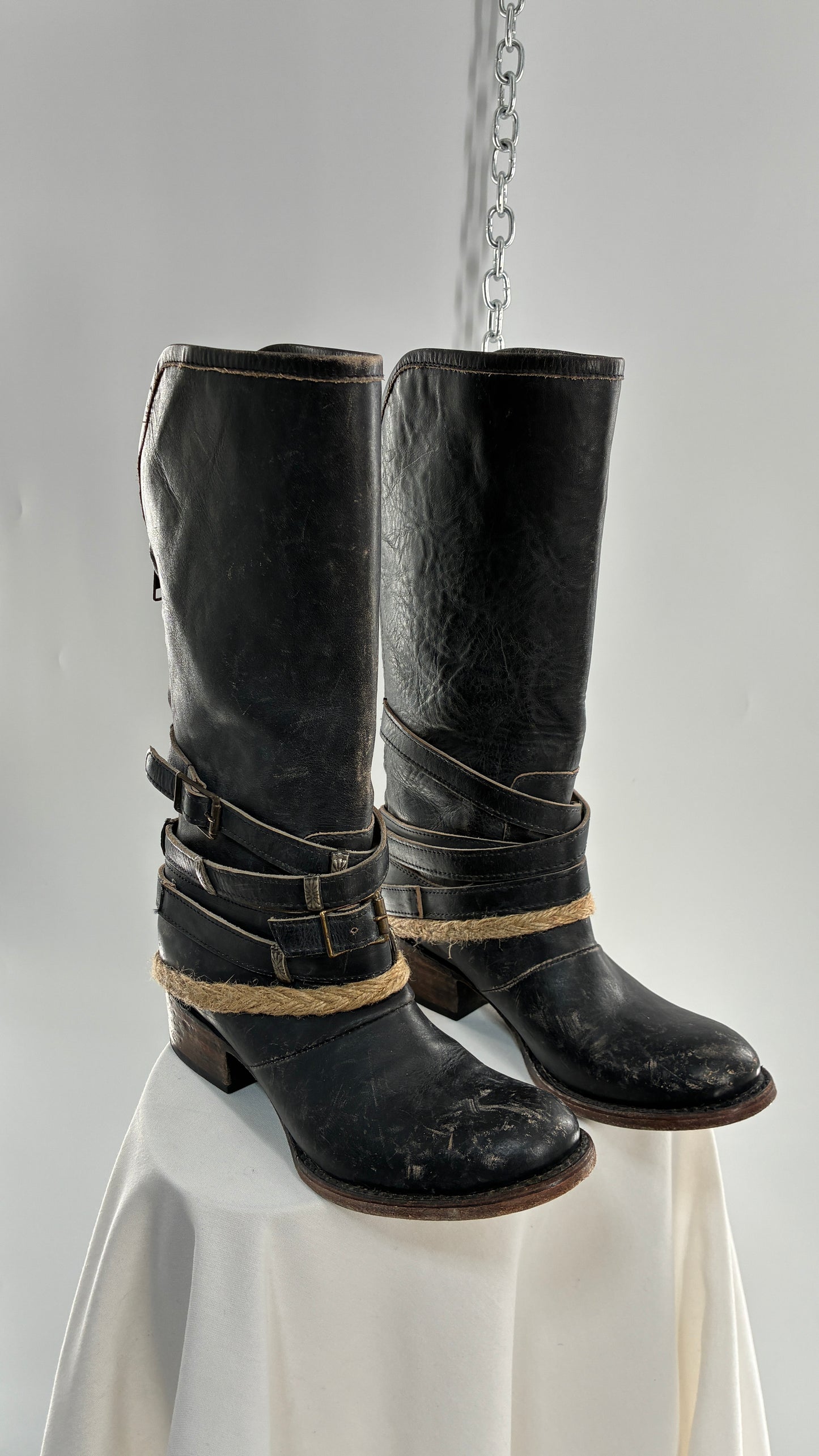 Vintage FREEBIRD Drove Distressed Black Leather Boot with Buckle Detailing (8)