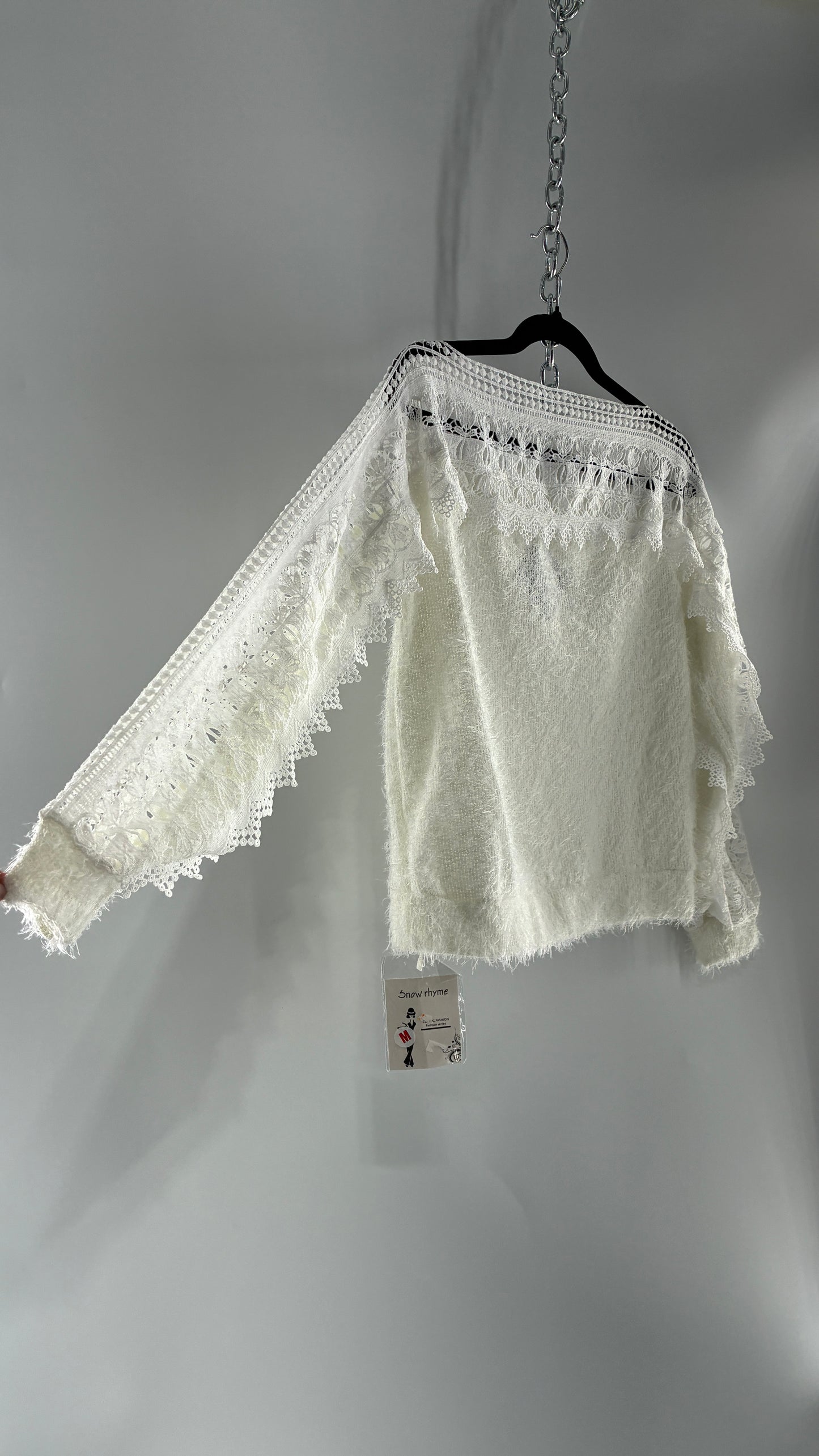 Deadstock White Shaggy Sweater with Thick Scalloped Lace Neckline + Arm Detail and Tags Attached (Medium)