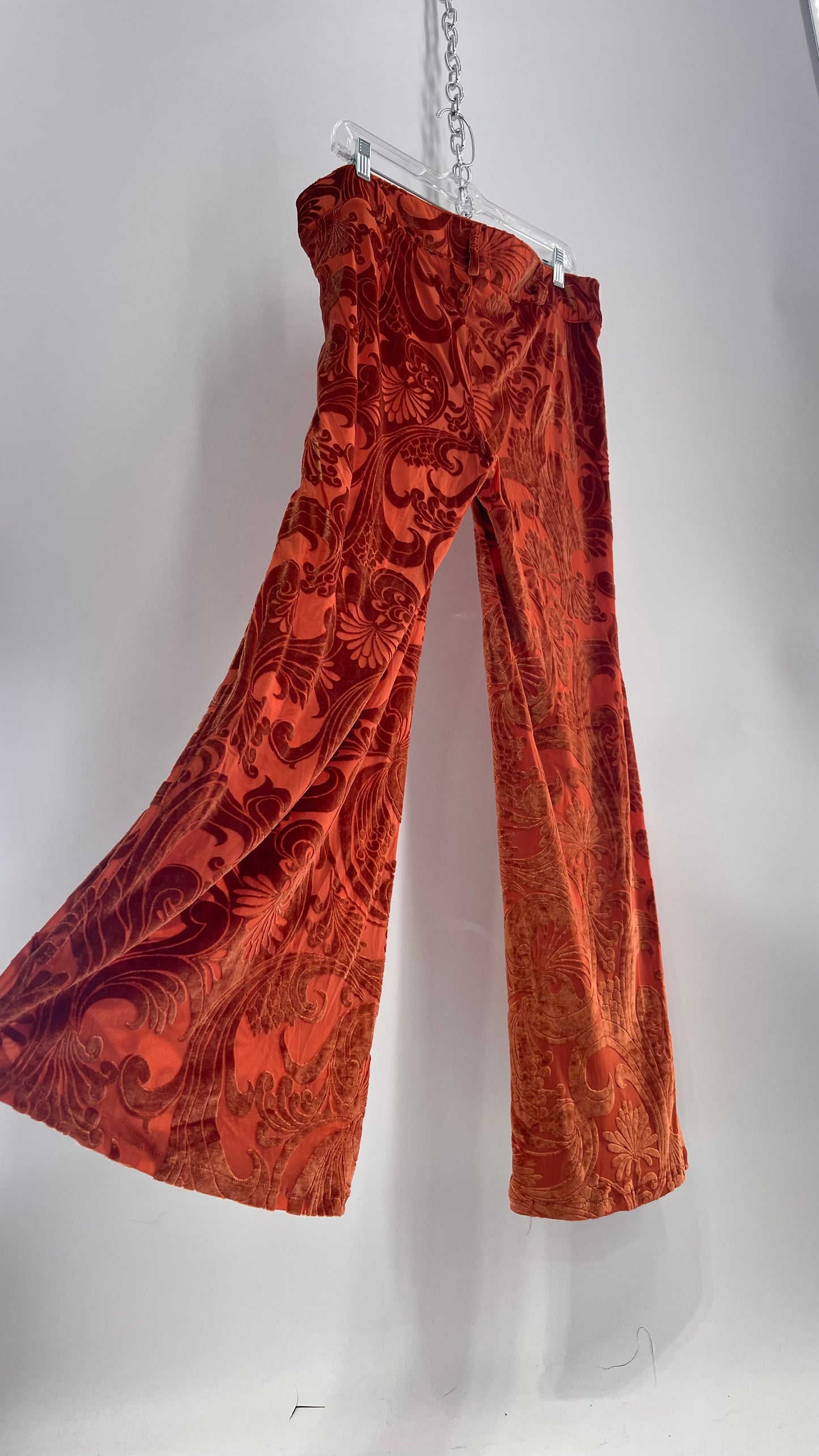 Urban Outfitters Burnt Orange Flares with Velvet Paisley Pattern (12)