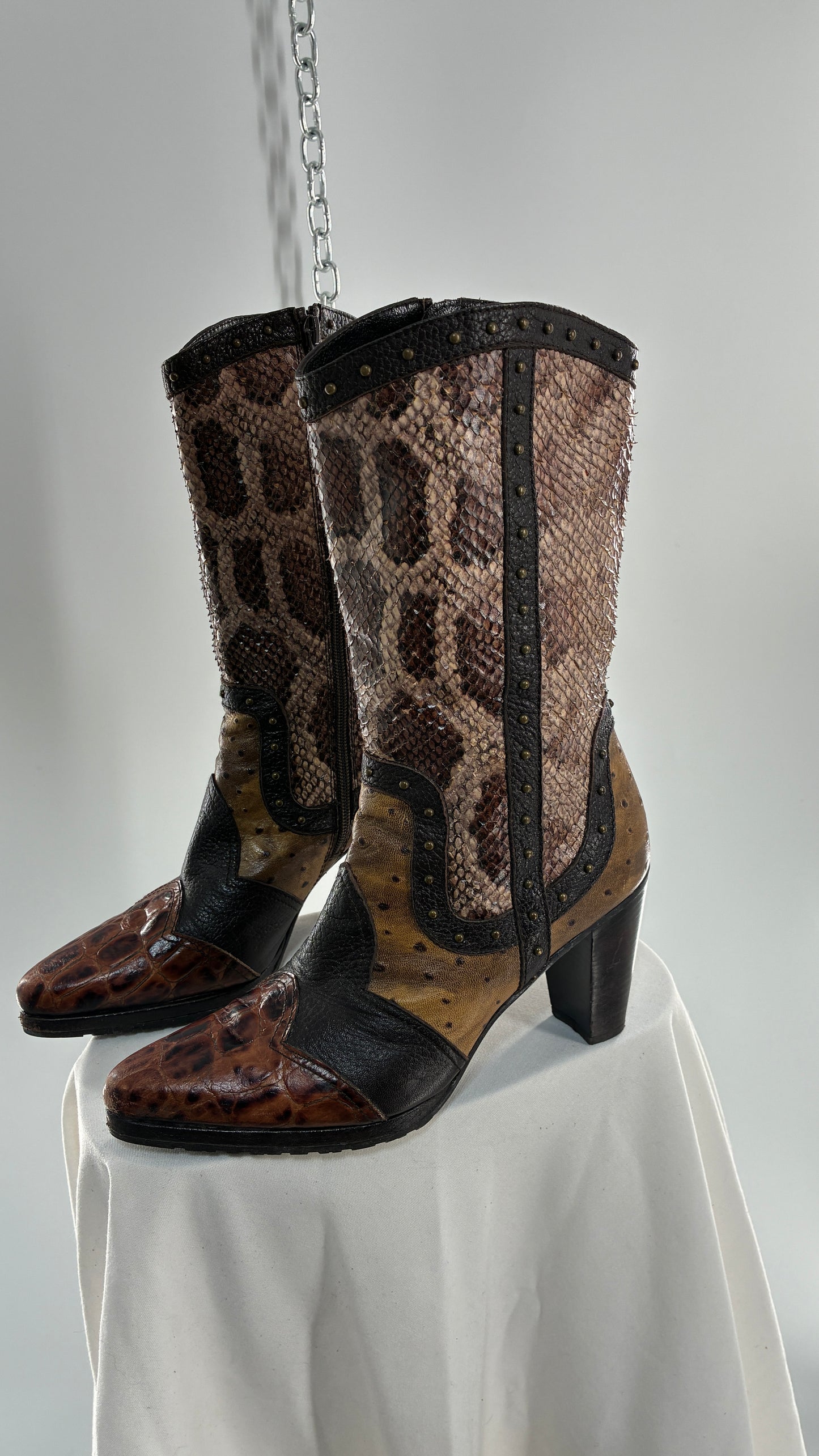 Vintage STUART WEITZMAN Stampede Boots Ft Snake, Crocodile and Ostrich Embossed Leather (8.5)